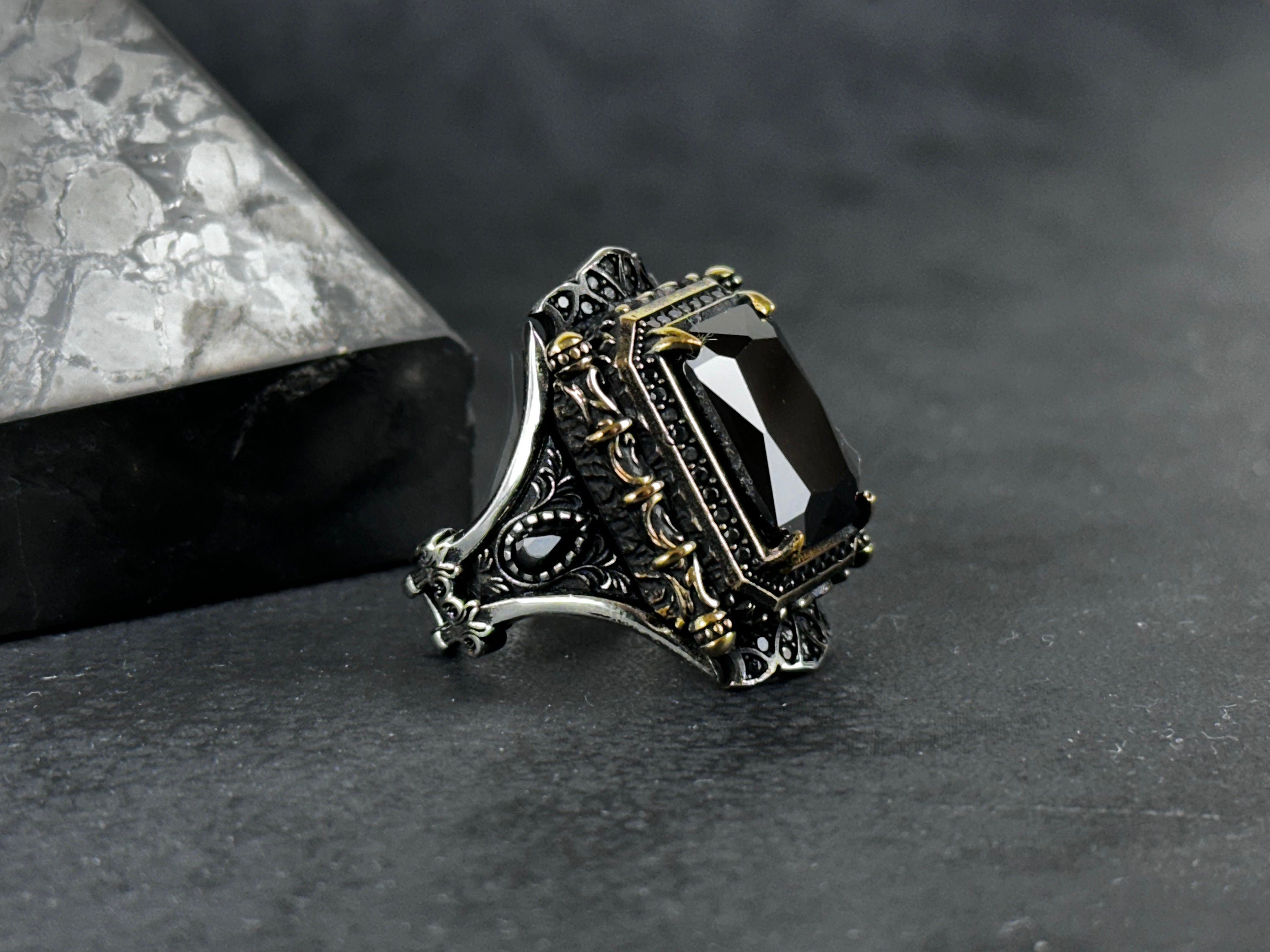 Black Zircon Sterling Silver Ring: Handcrafted Engraved Design