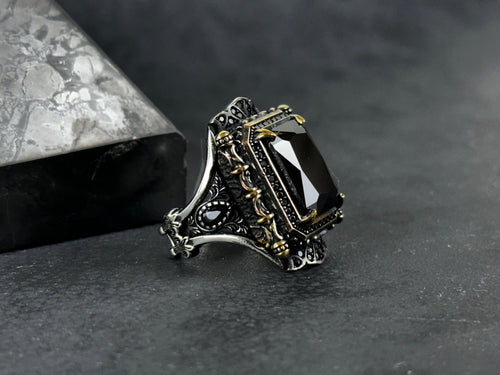 Black Zircon Sterling Silver Ring: Handcrafted Engraved Design