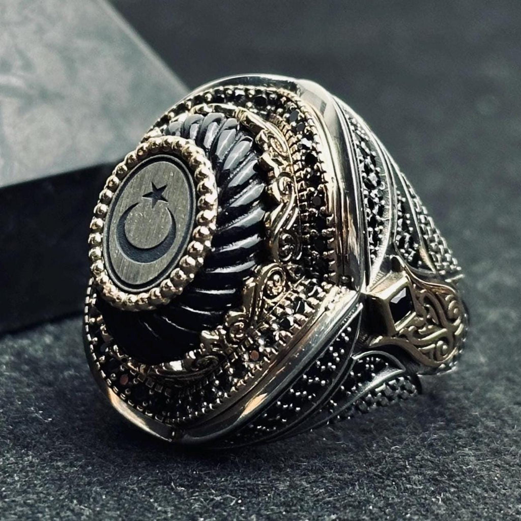 Men's Sterling Silver Ring: Turkish Moon Star - Handmade Oval Band
