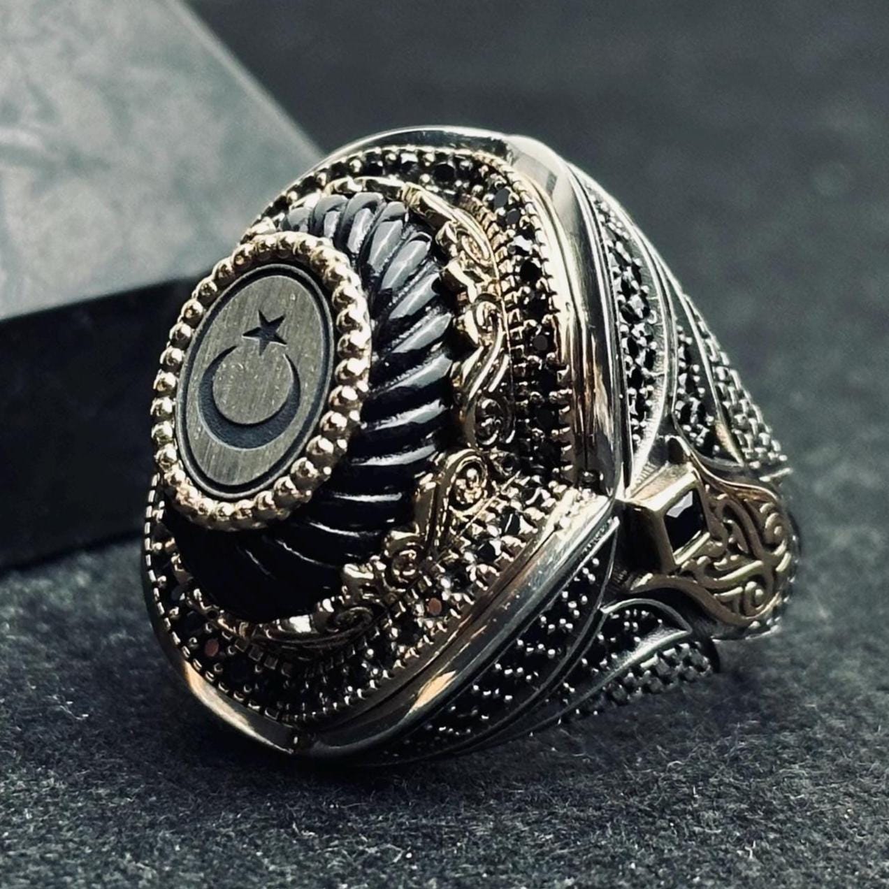 Men's Sterling Silver Ring: Turkish Moon Star - Handmade Oval Band
