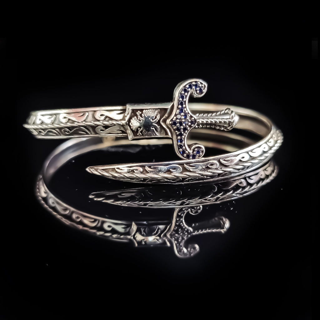 Sterling Silver Sword Bracelet - Sapphire Stone Warrior Cuff