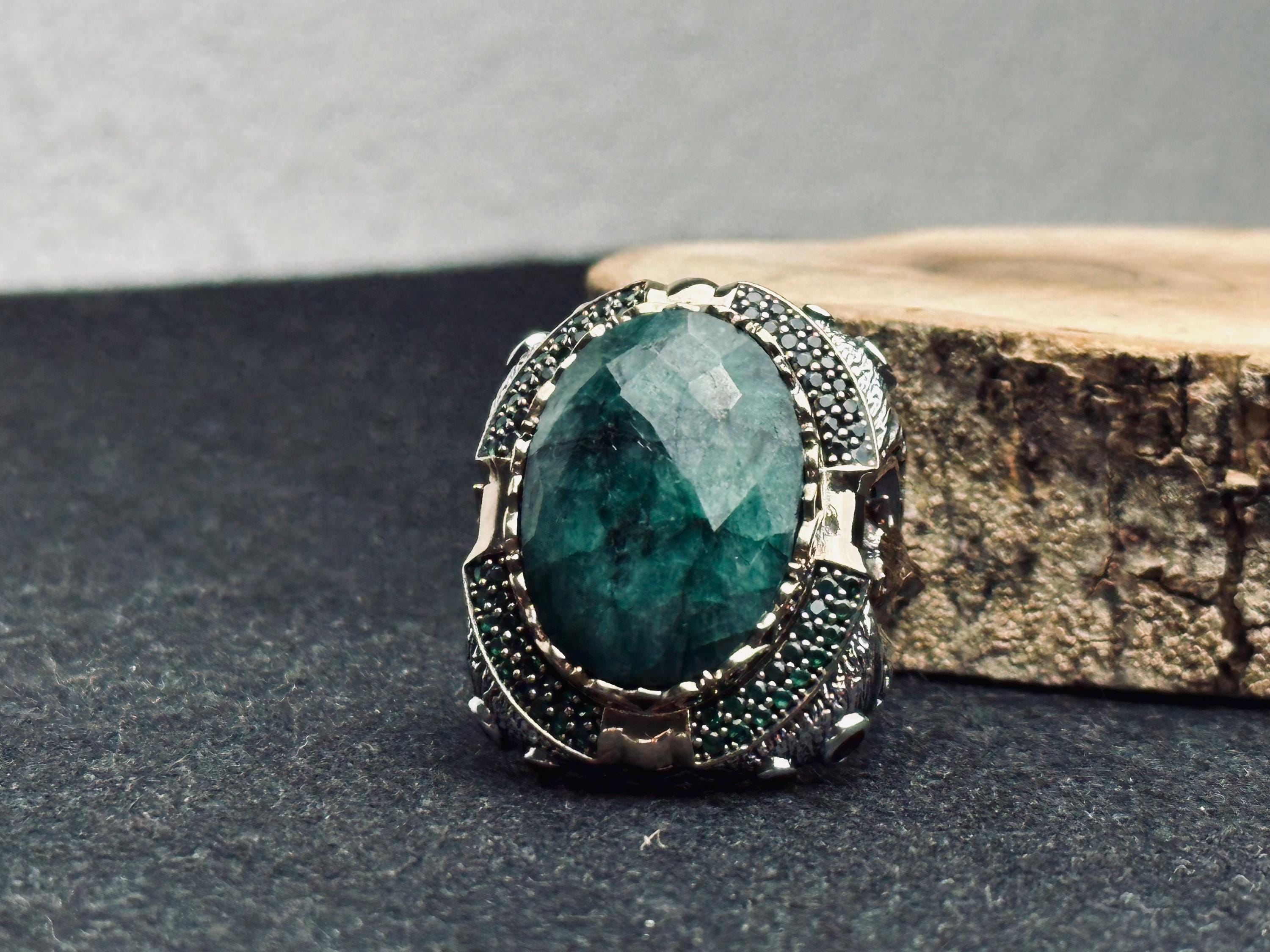 Emerald Lion Silver Ring - Large Handmade Sterling Statement