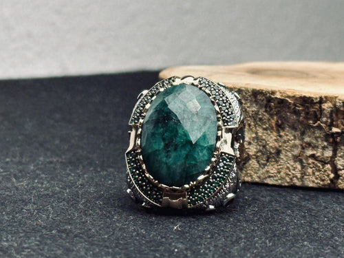 Emerald Lion Silver Ring - Large Handmade Sterling Statement