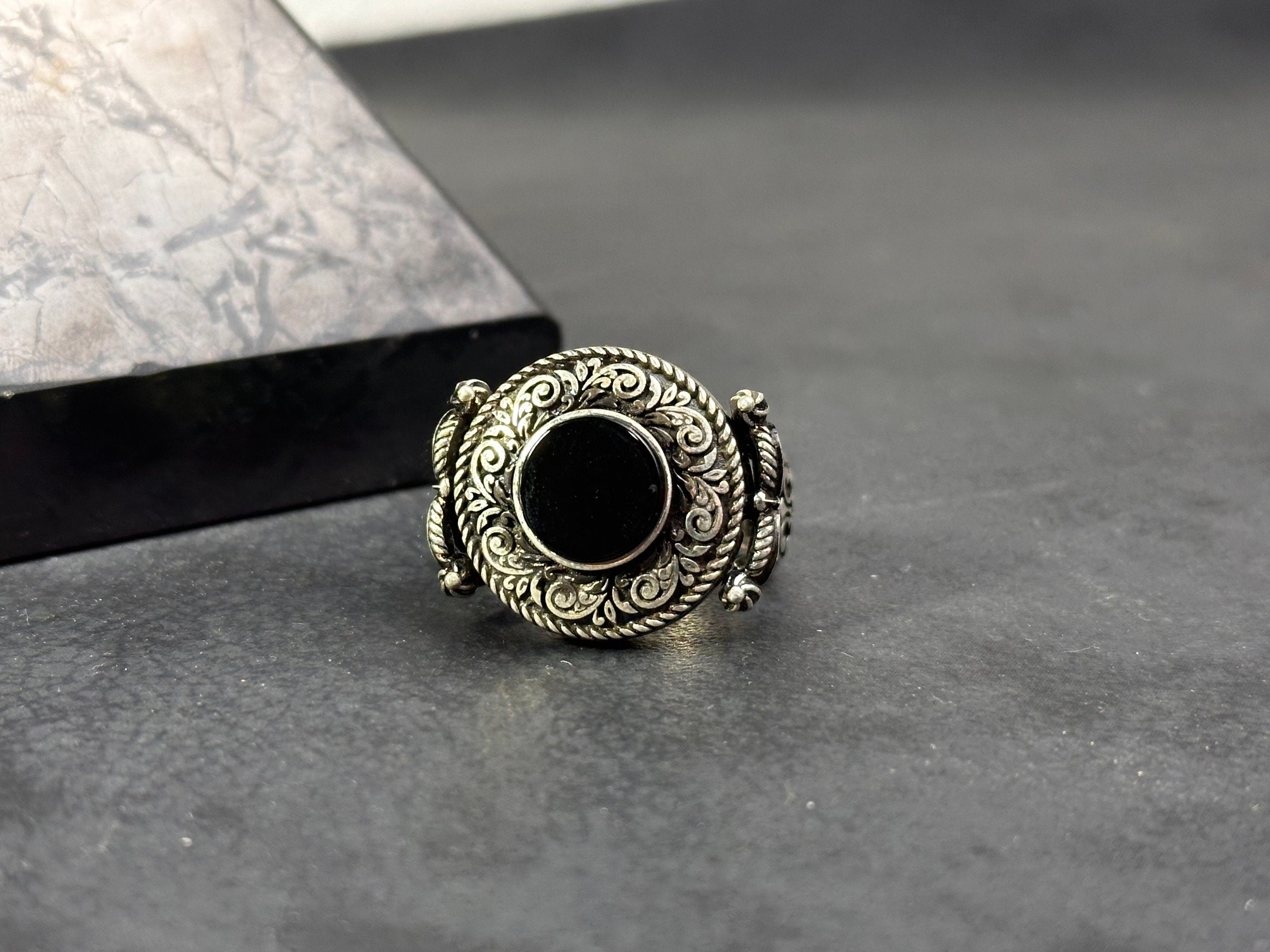 Engraved Greek Onyx Ring: Sterling Silver Flat Black Stone