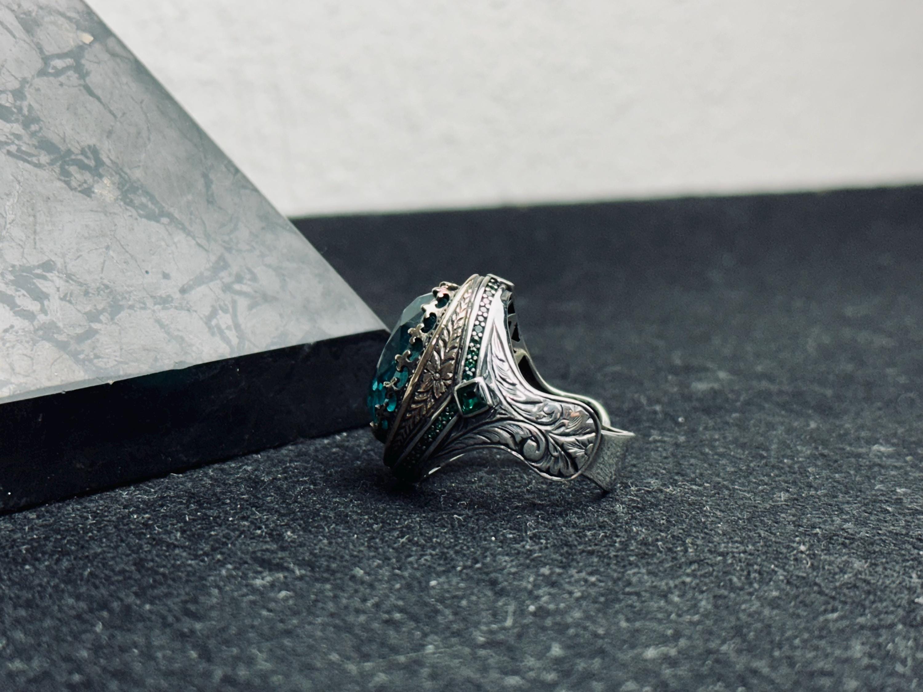 Oval Aquamarine Ring for Men - Sterling Silver Lion Head Signet