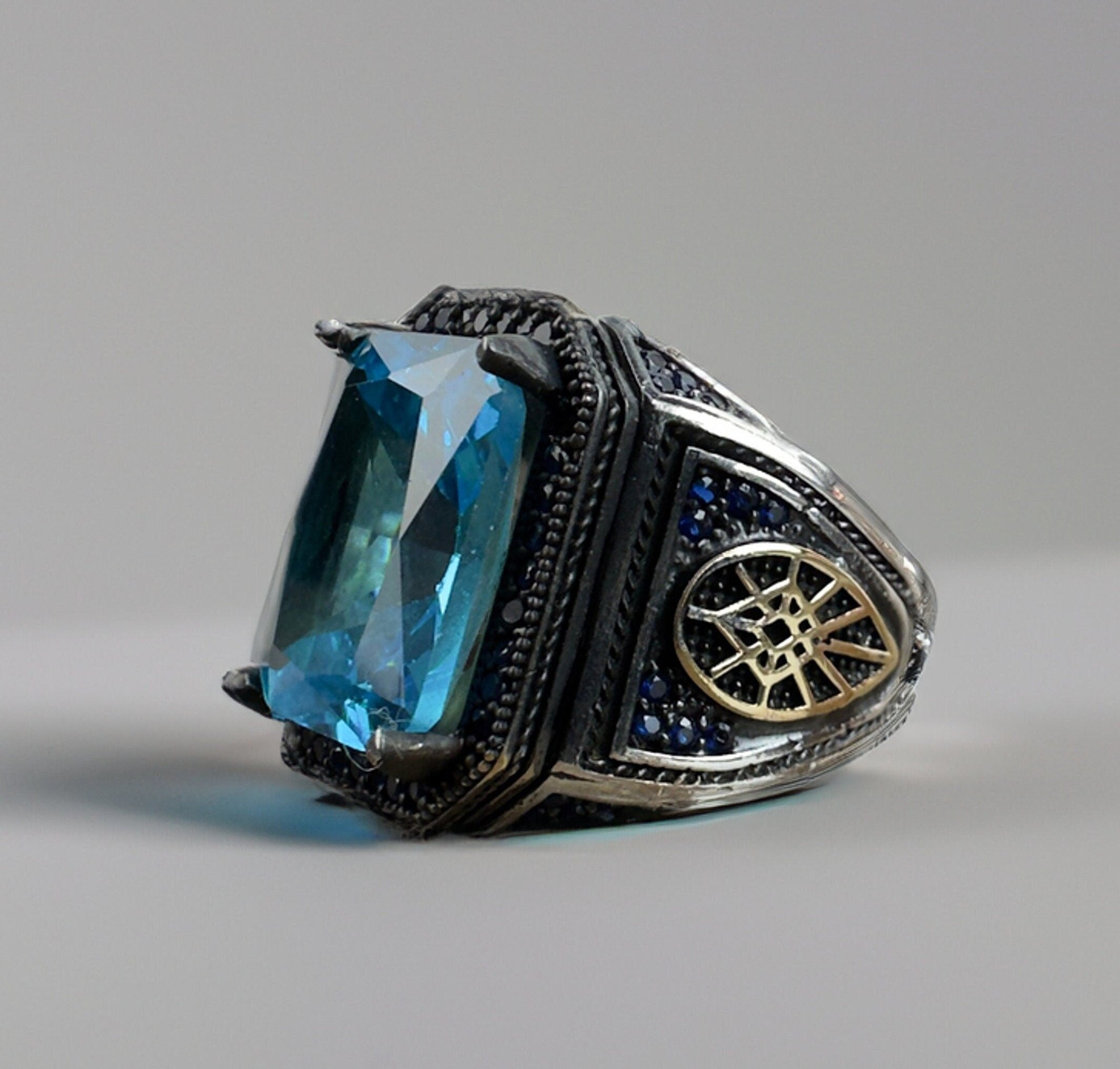 Men's Sterling Silver Ring: Blue Zirconia Stone - Handmade Jewelry