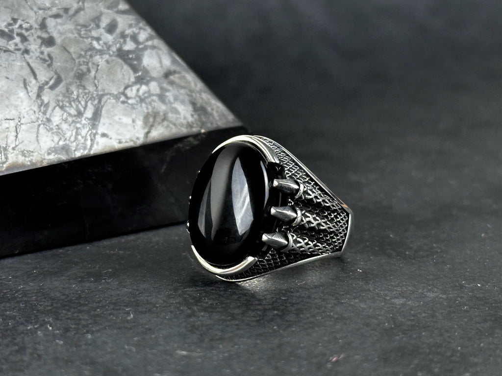 Onyx Gemstone Silver Ring, Artisan Claw Set (Men's Statement)