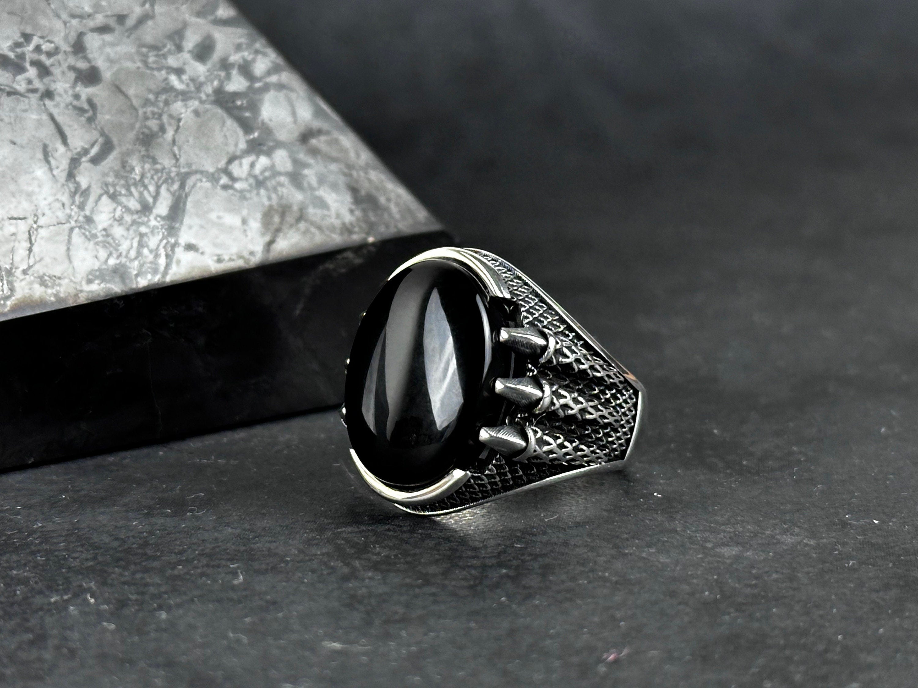 Onyx Gemstone Silver Ring, Artisan Claw Set (Men's Statement)