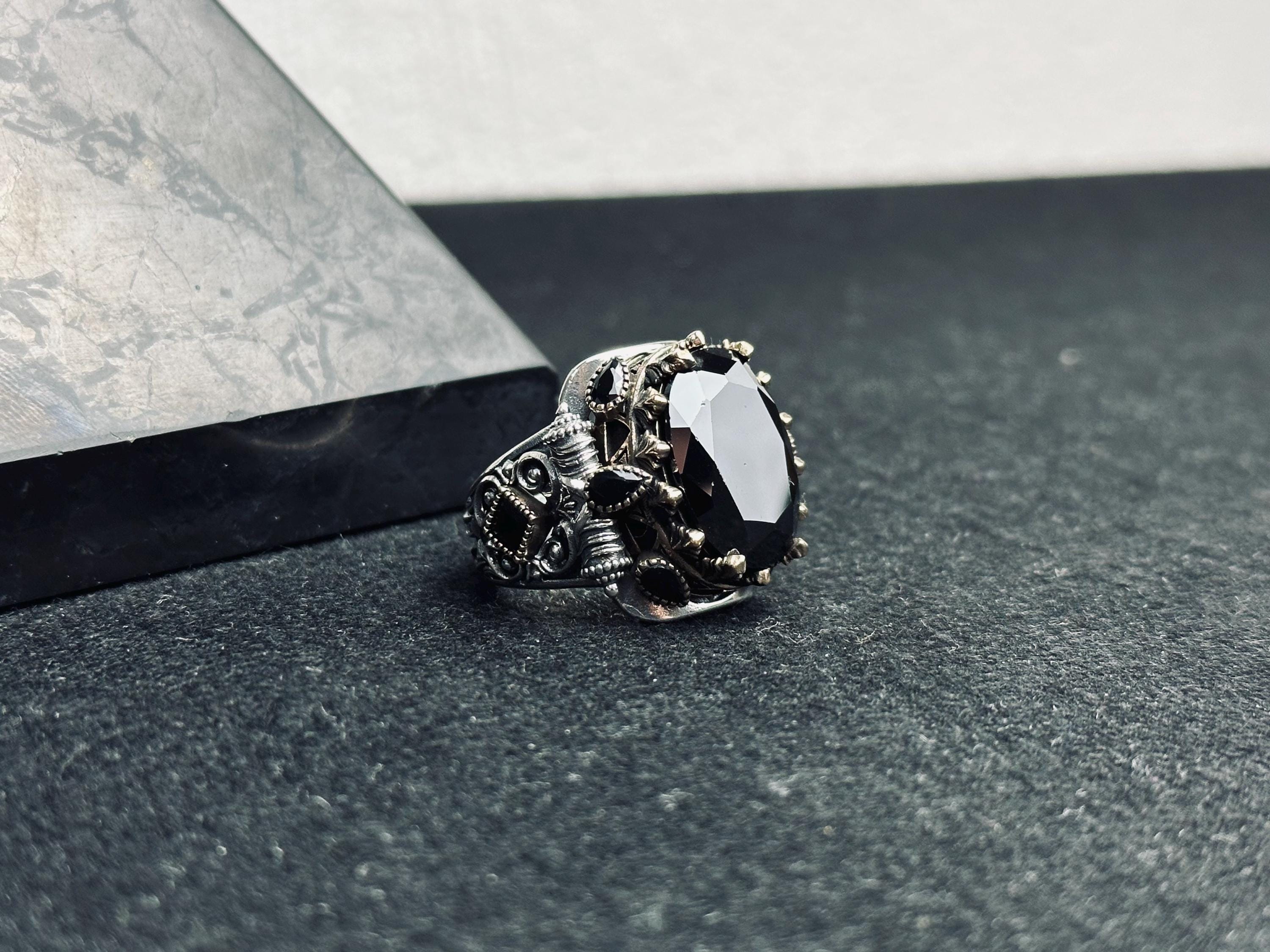 Turkish Handmade Men's Ring, Black Zircon Geometric (Sterling Silver)