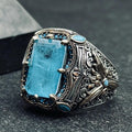 Aquamarine Ring: Men's Handmade Sterling Silver (Ottoman Lion Head)