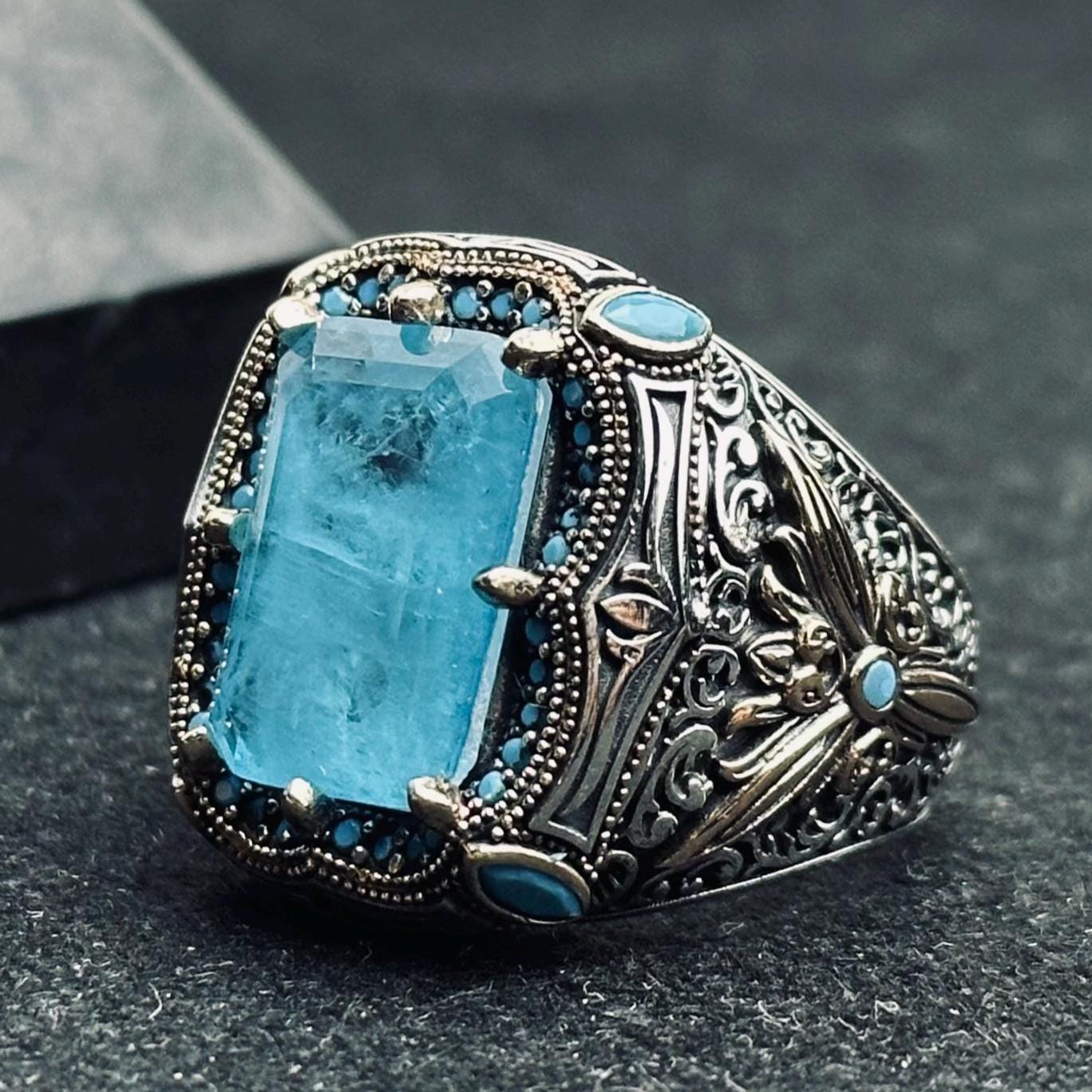Aquamarine Ring: Men's Handmade Sterling Silver (Ottoman Lion Head)