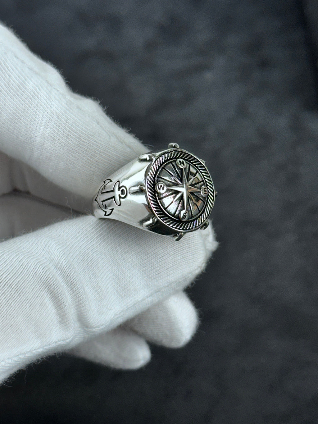 Sterling Silver Compass Ring: Sailor Design - Engraved Anchor Detail