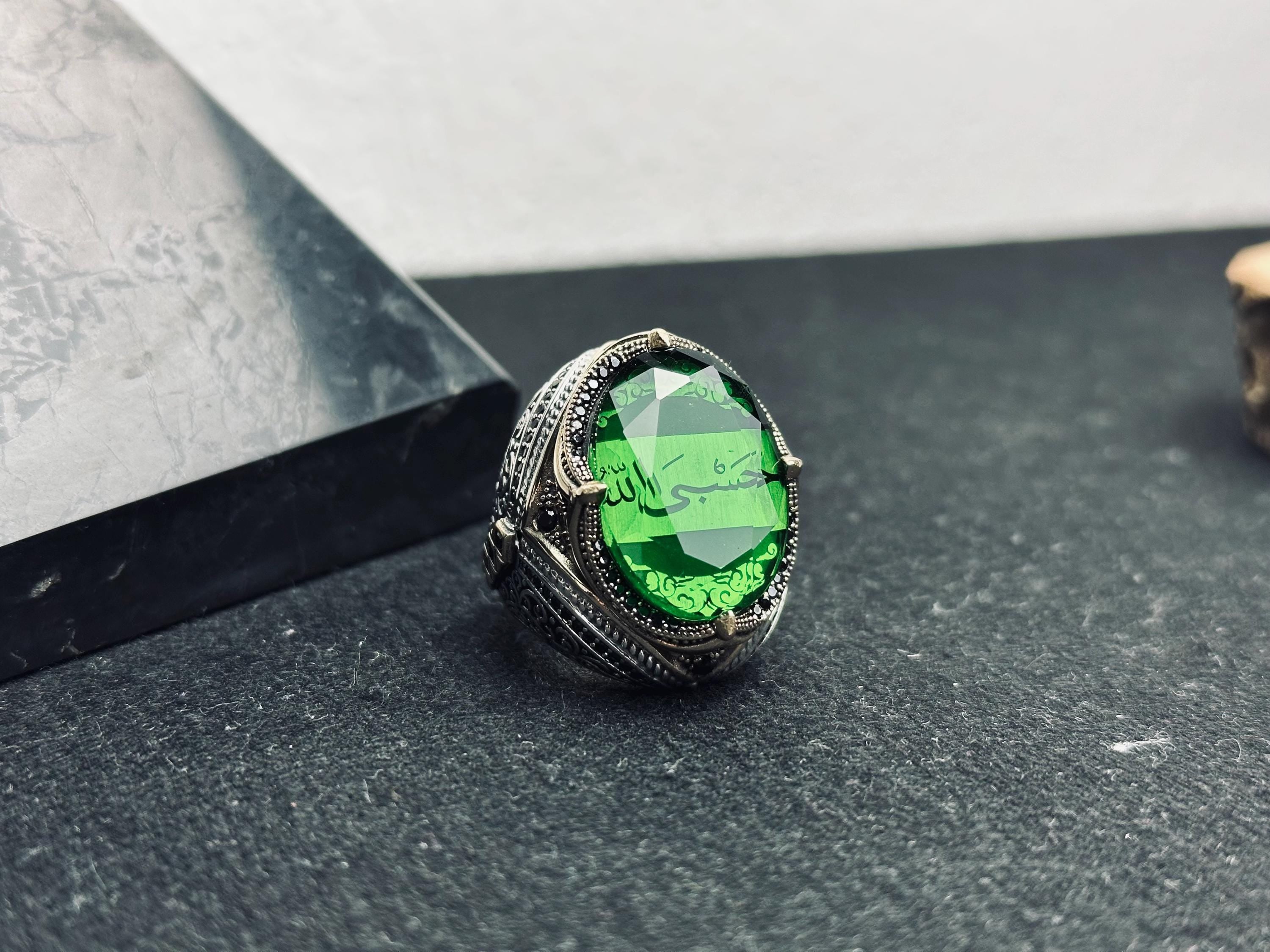 Emerald Islamic Ring: Sterling Silver, Quran Verse, Handmade