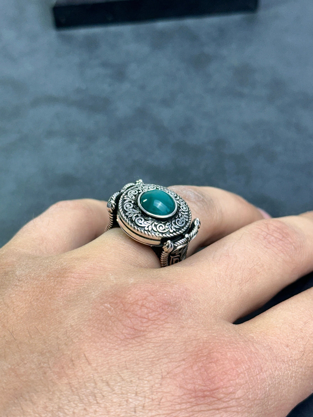 Men's Agate Ring: Cushion Green Stone - Handmade Sterling Silver