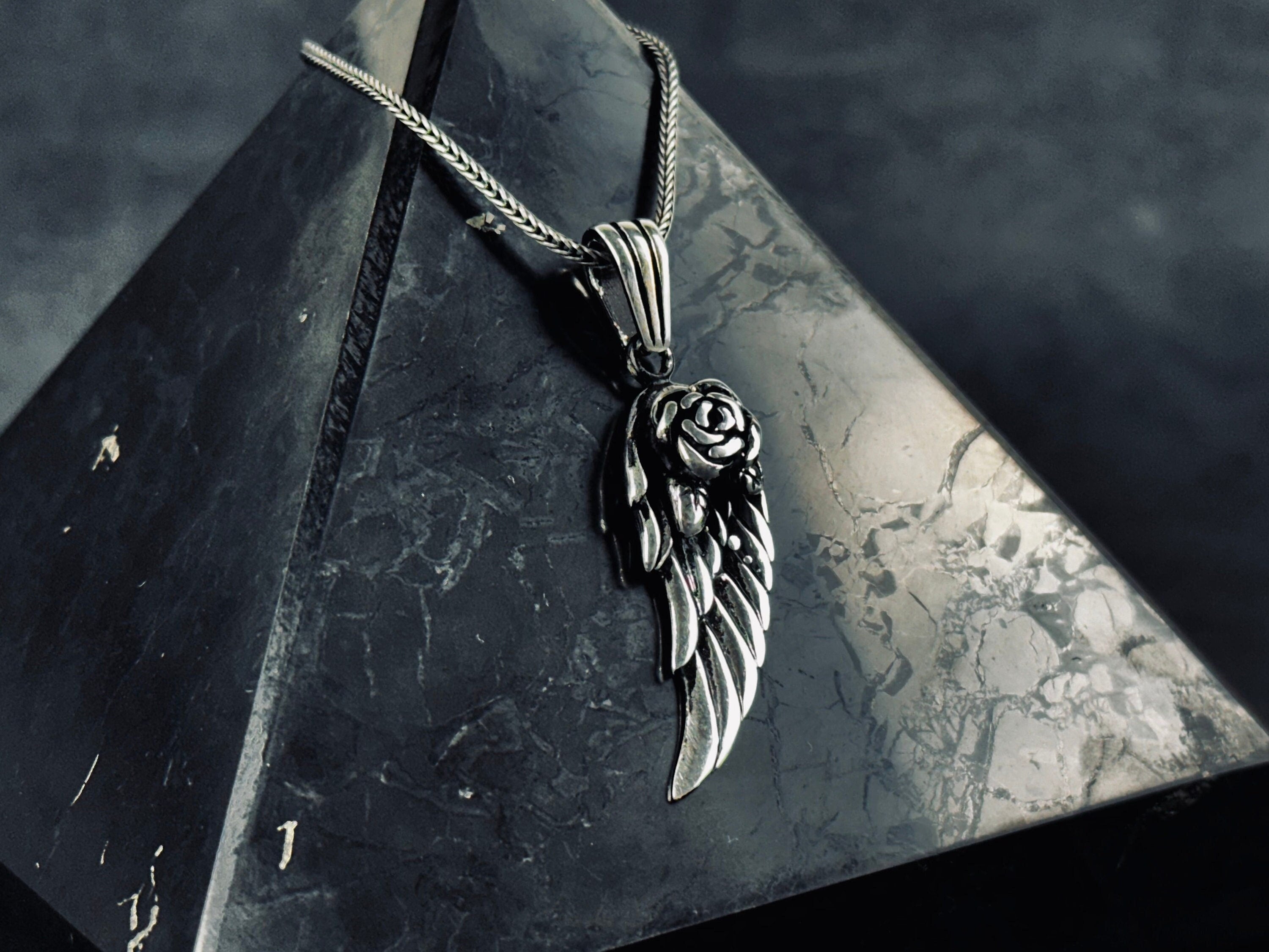 Silver Rose Wing Necklace - Handmade Pendant with Chain