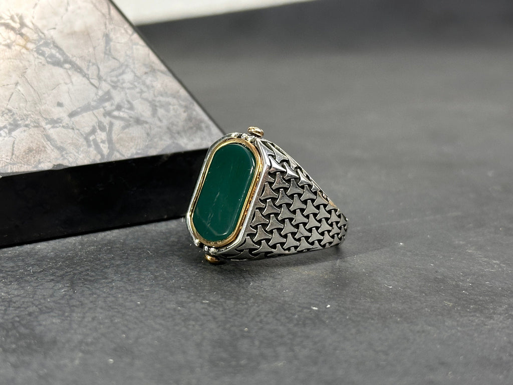 Aqeeq Ring: Green Agate Stone, Double Side Design (Sterling Silver)