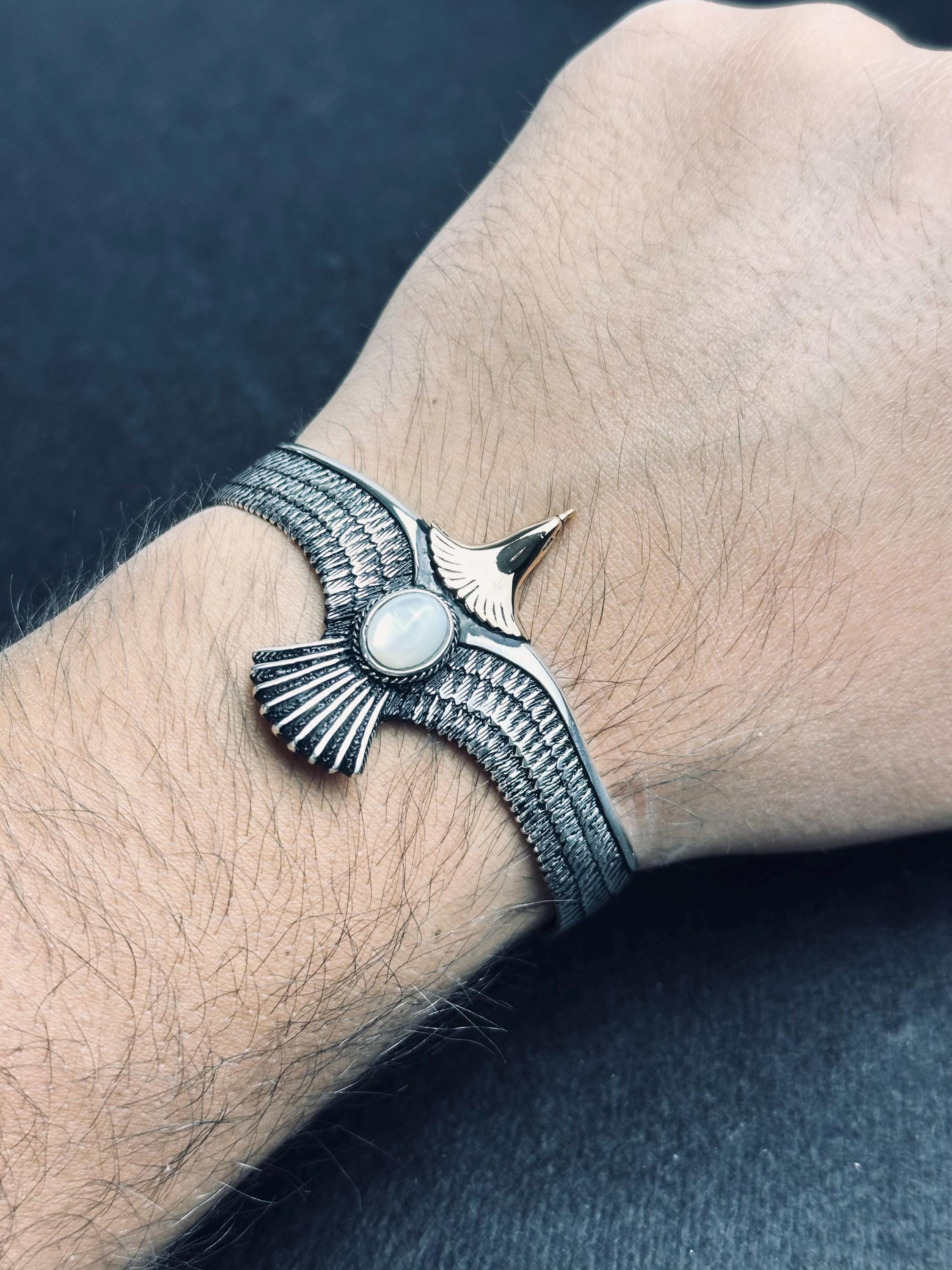 Sterling Silver Eagle Bracelet: Mother of Pearl Stone Detail