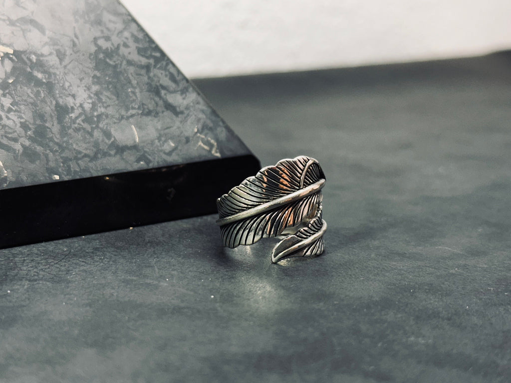 Feather Ring: Sterling Silver Adjustable Design (Engraved, Handmade)