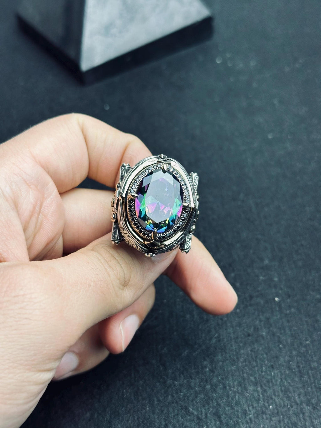 Men's Mystic Topaz Ring: Bold Silver Statement - Handmade in Turkey