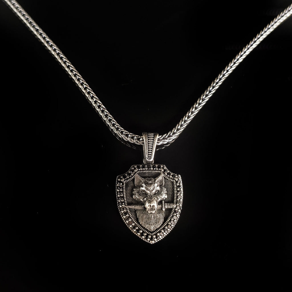 Wolf Shield Silver Necklace Pendant (Handmade, Men's Jewelry)