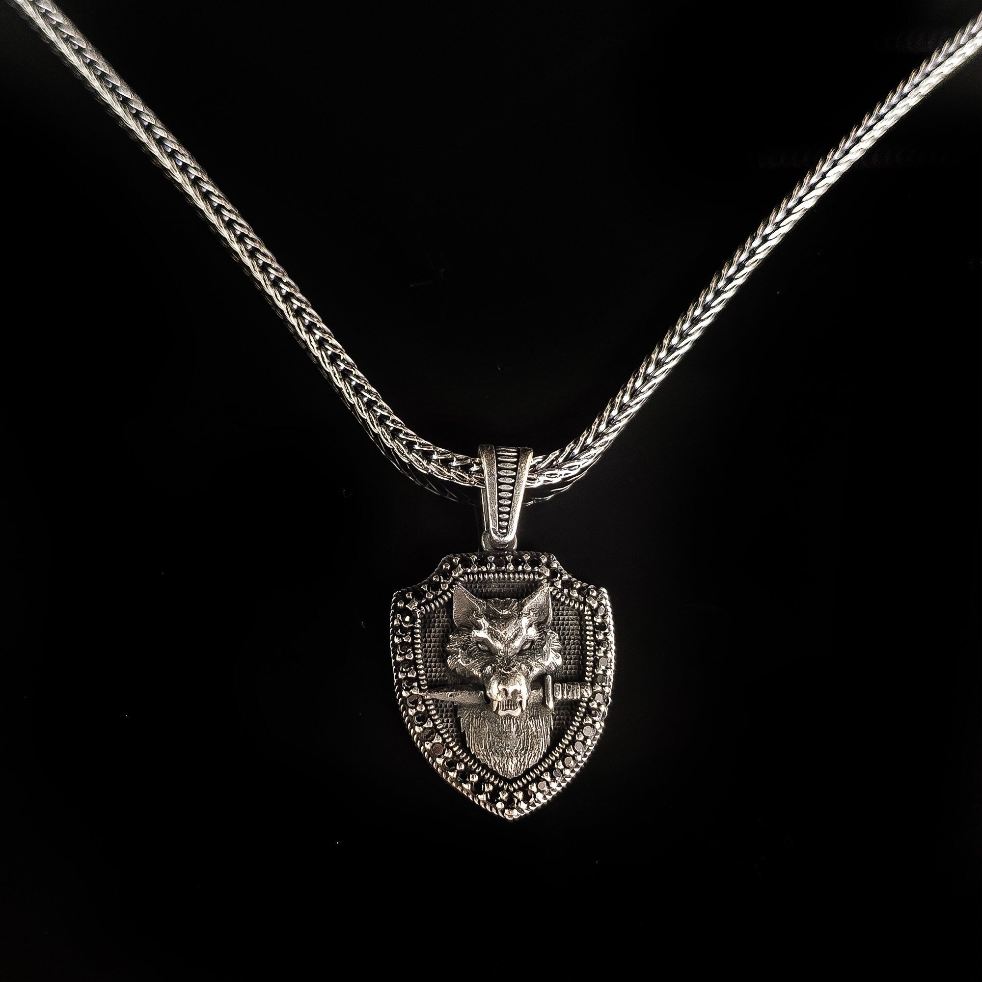Wolf Shield Silver Necklace Pendant (Handmade, Men's Jewelry)