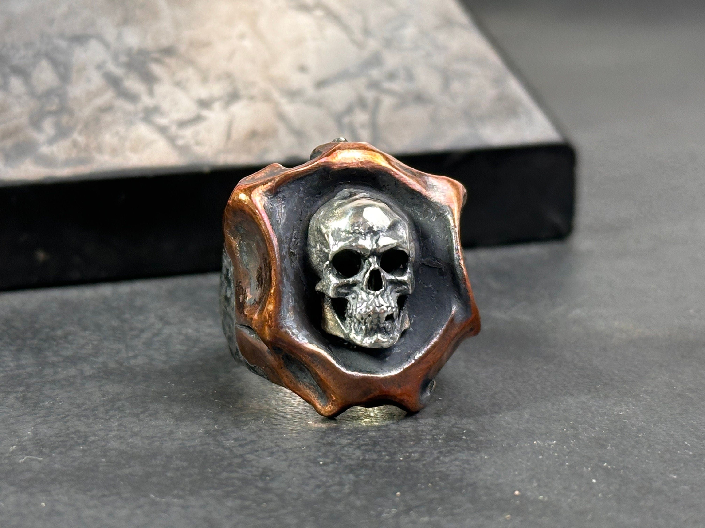 Oxidized Sterling Silver Skull Ring: Handmade Gothic Biker Jewelry