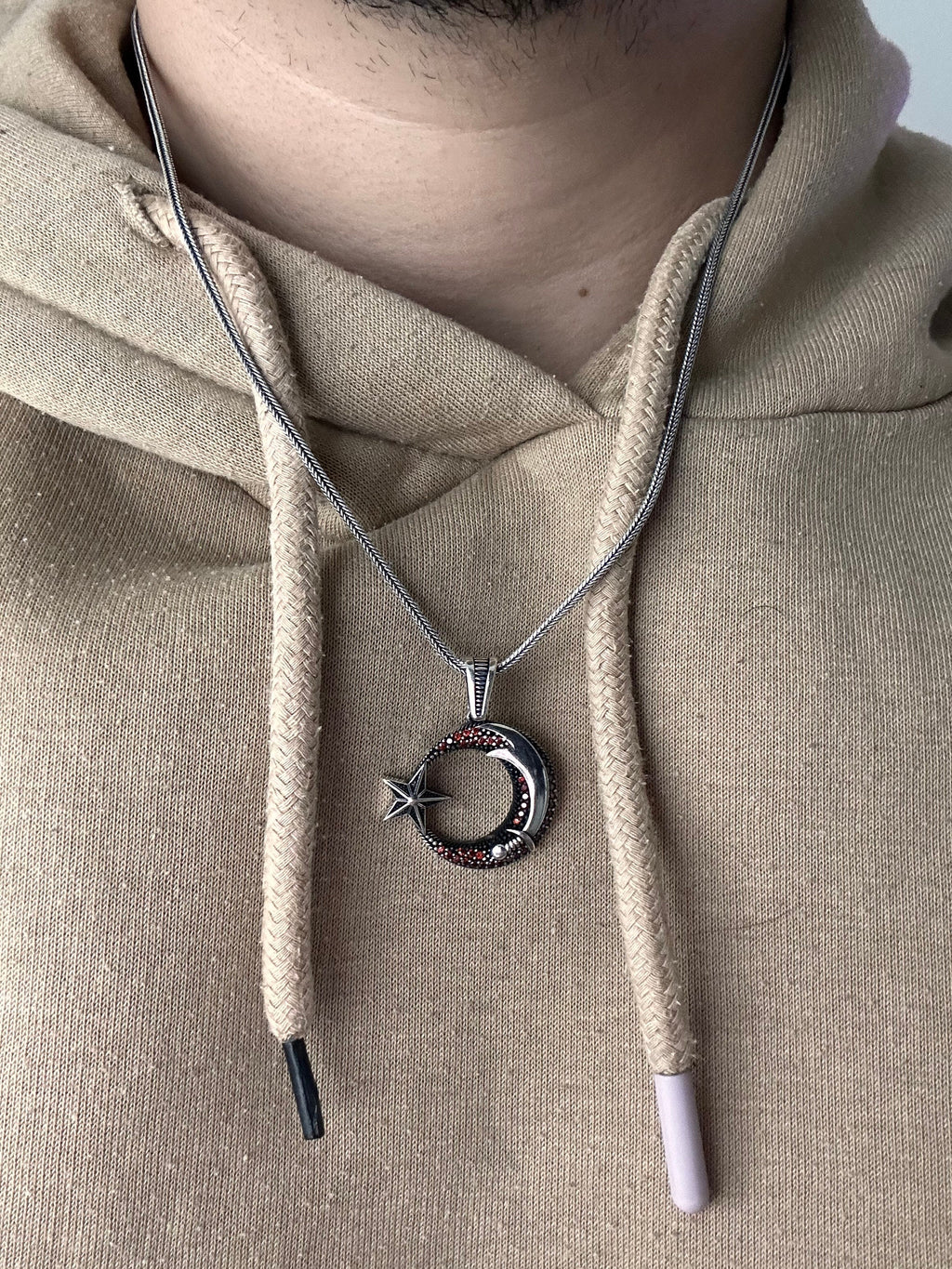 Moon Star Necklace: Sterling Silver Rope Chain - Crescent Pendant