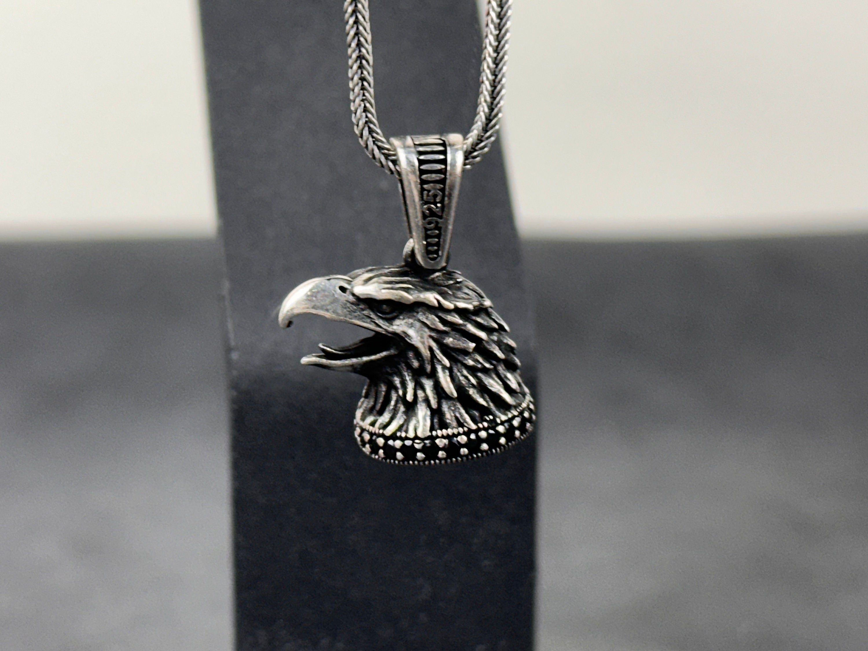 Bird of Prey Necklace, Sterling Silver Hawk Head (Adjustable Chain)