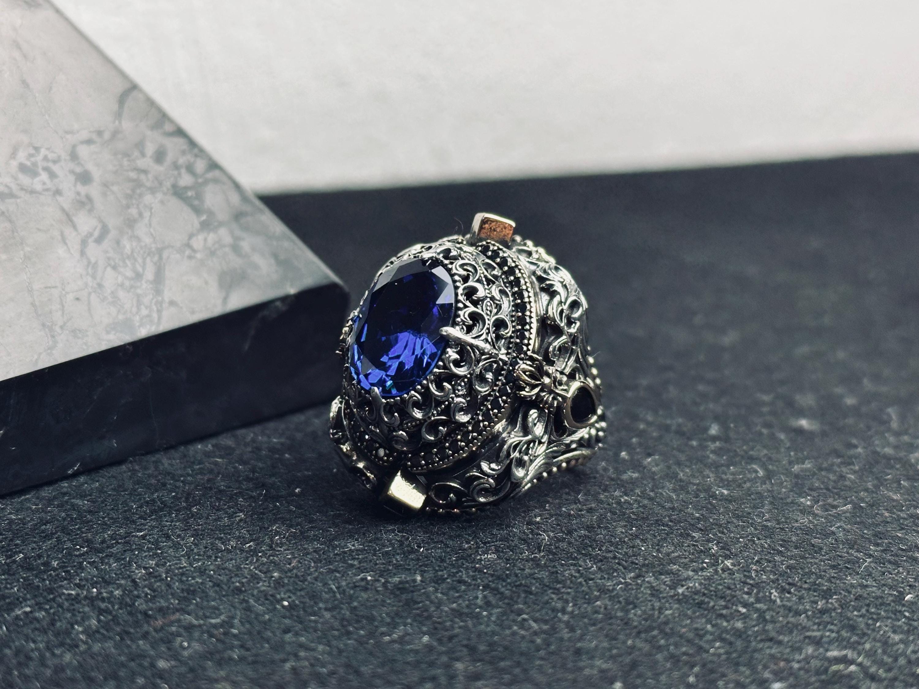 Blue Sapphire Ring 925 Sterling Silver Men Statement Ring Handmade Luxury Jewelry