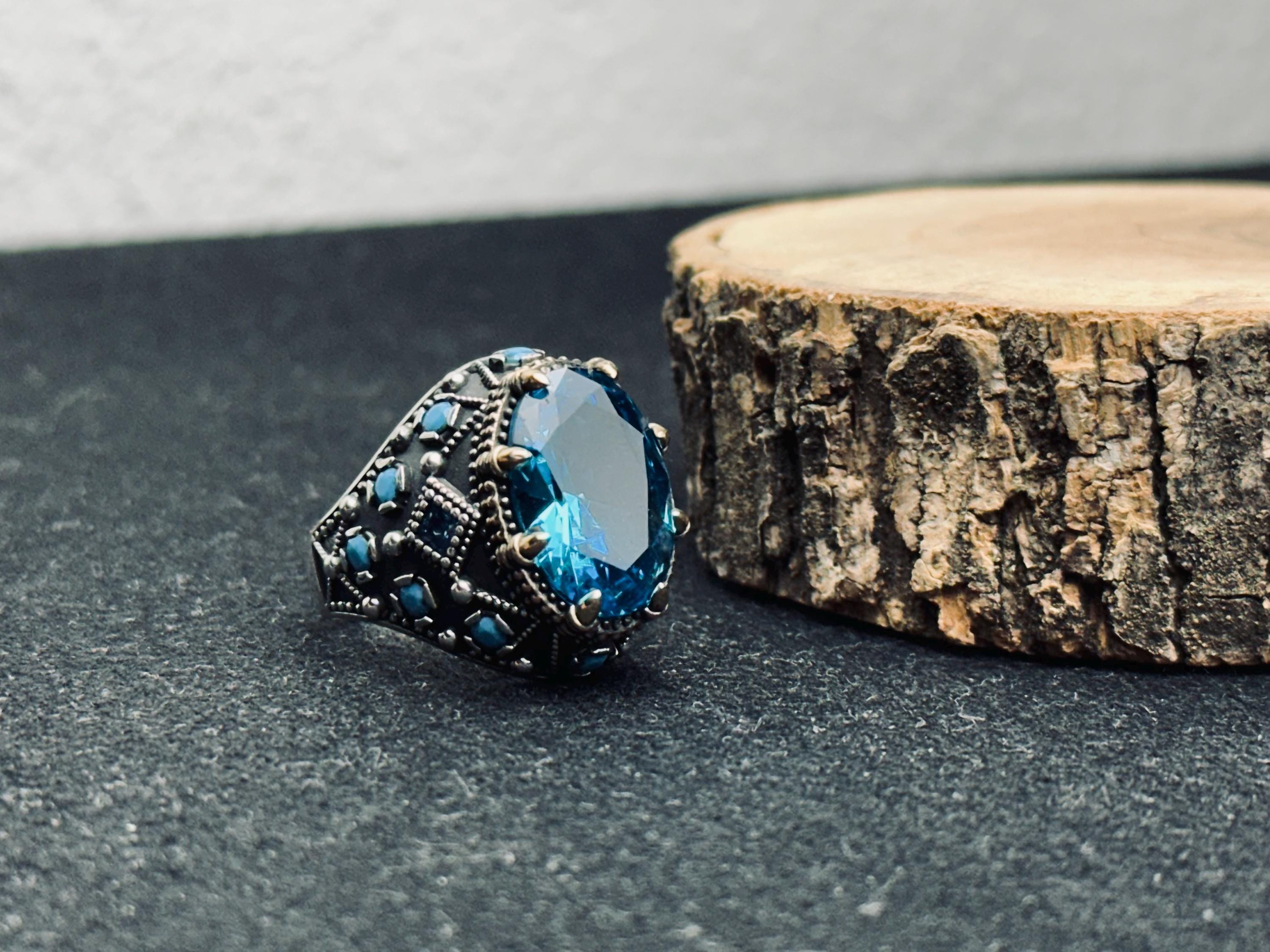 Men's Aquamarine Ring: Handmade Turkish Silver - March Birthstone