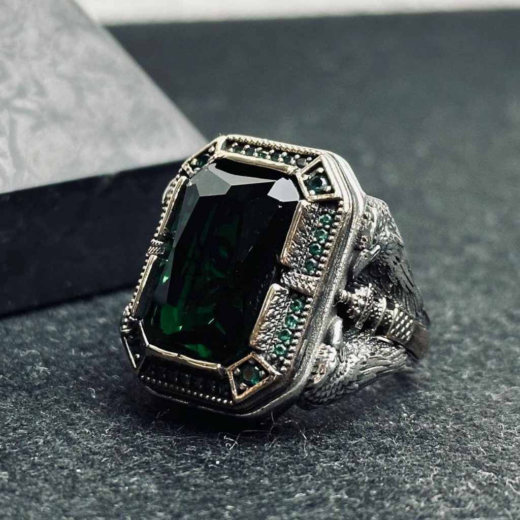 Colombian Emerald Ring for Men: Eagle-Accented Sterling Silver