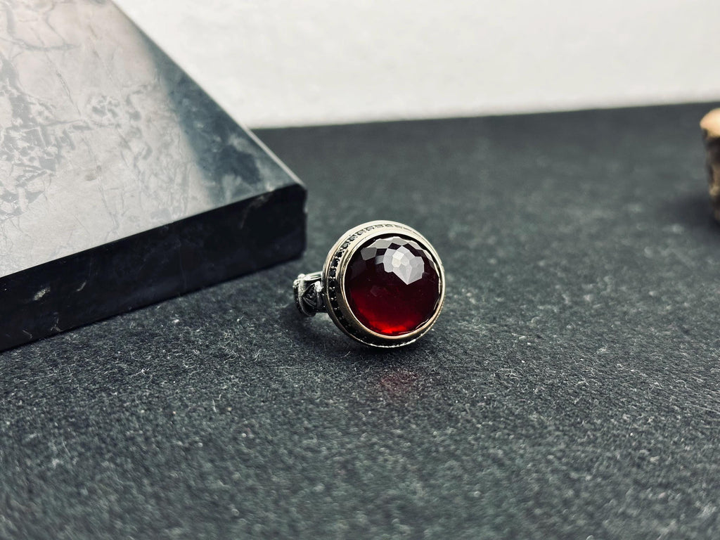 Ruby Men's Ring: Handmade Sterling Silver Jewelry (Round Red Gem)