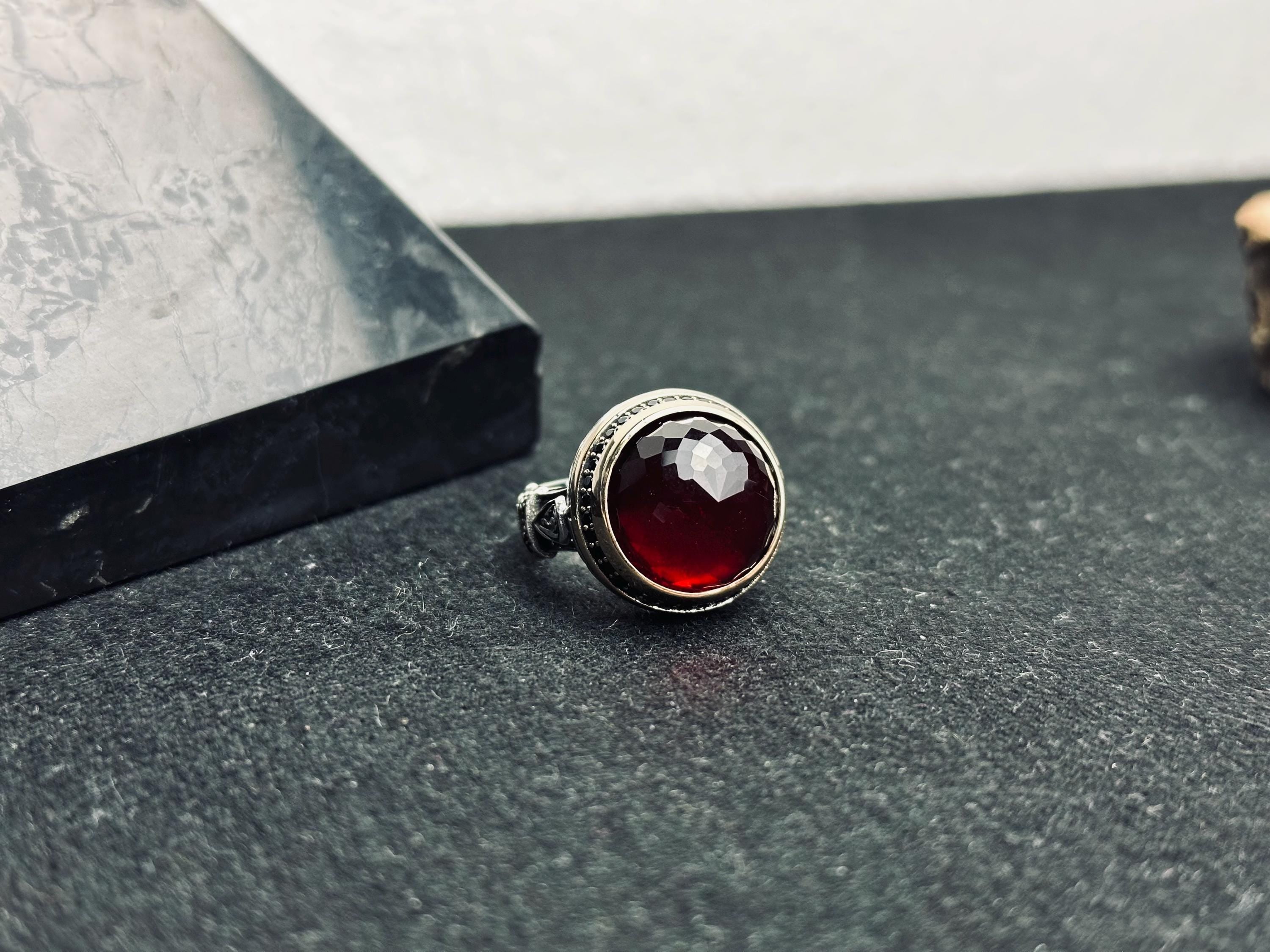 Ruby Men's Ring: Handmade Sterling Silver Jewelry (Round Red Gem)