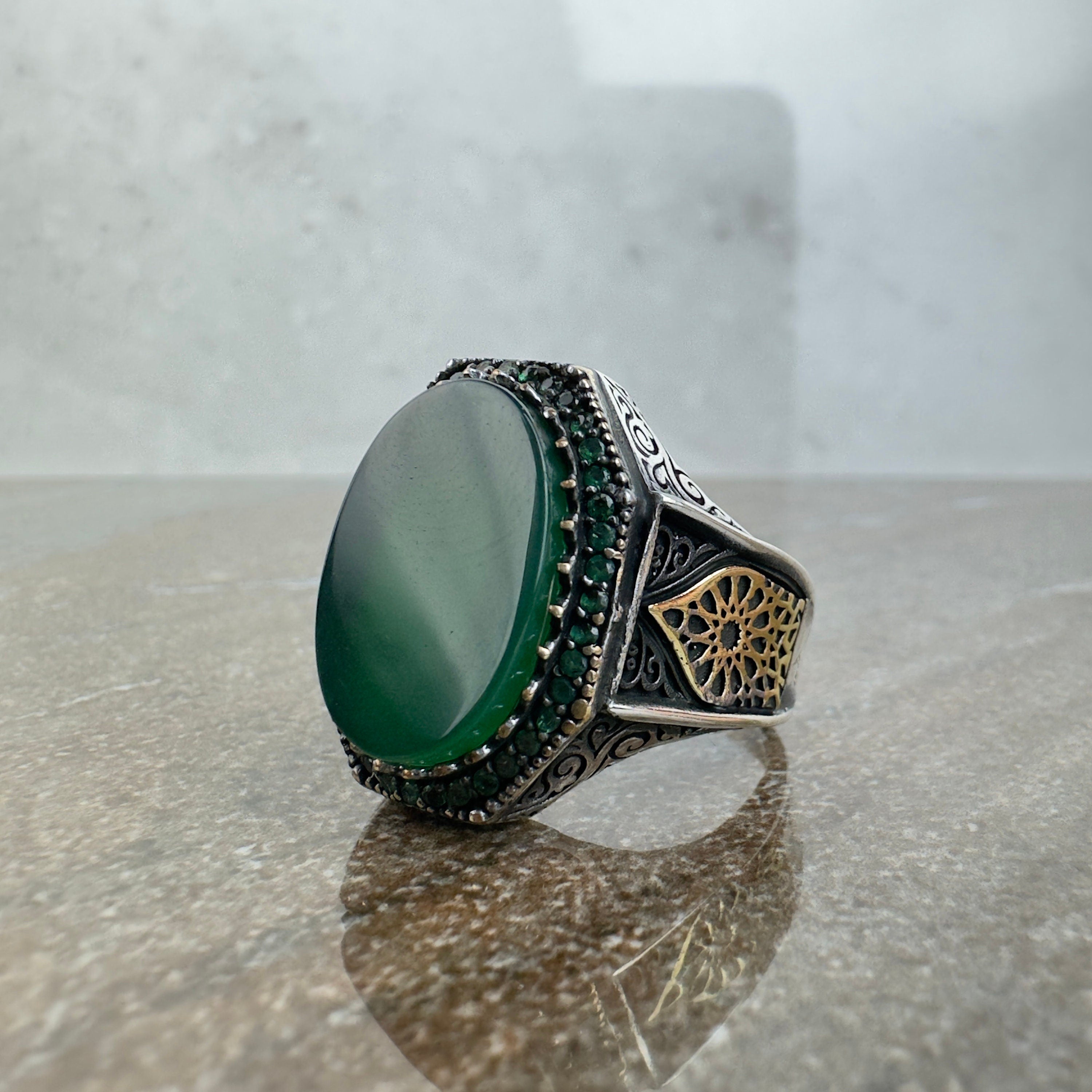 Sterling Silver Ring: Green Agate Stone - Handmade Ottoman Design