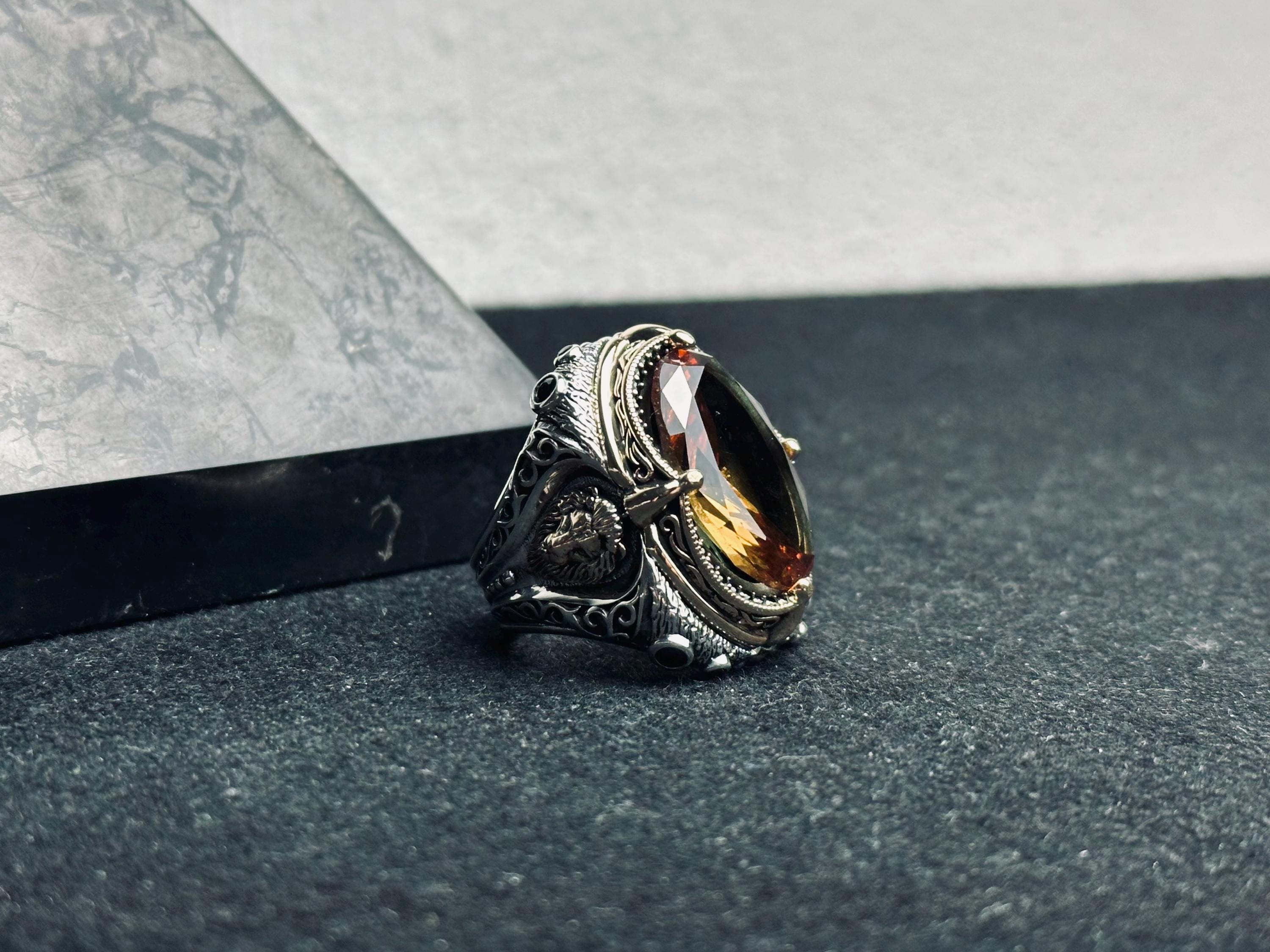Sultanit Statement Ring: Handmade Sterling Silver with Wolf Detail