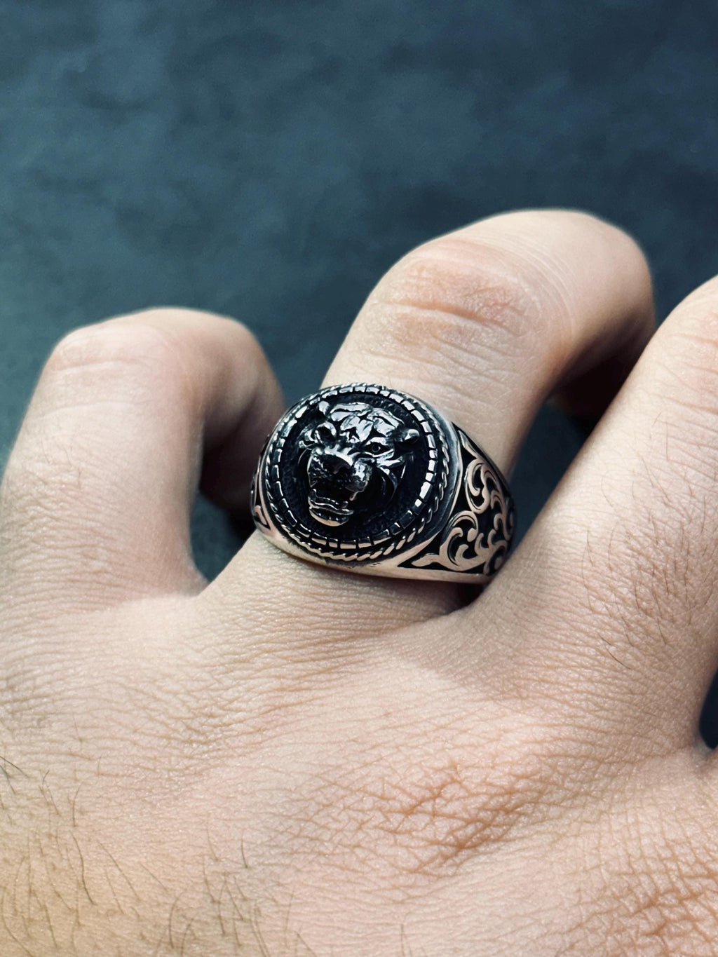 Tiger Head Sterling Silver Ring, Oxidized Finish (Handmade, Unisex)