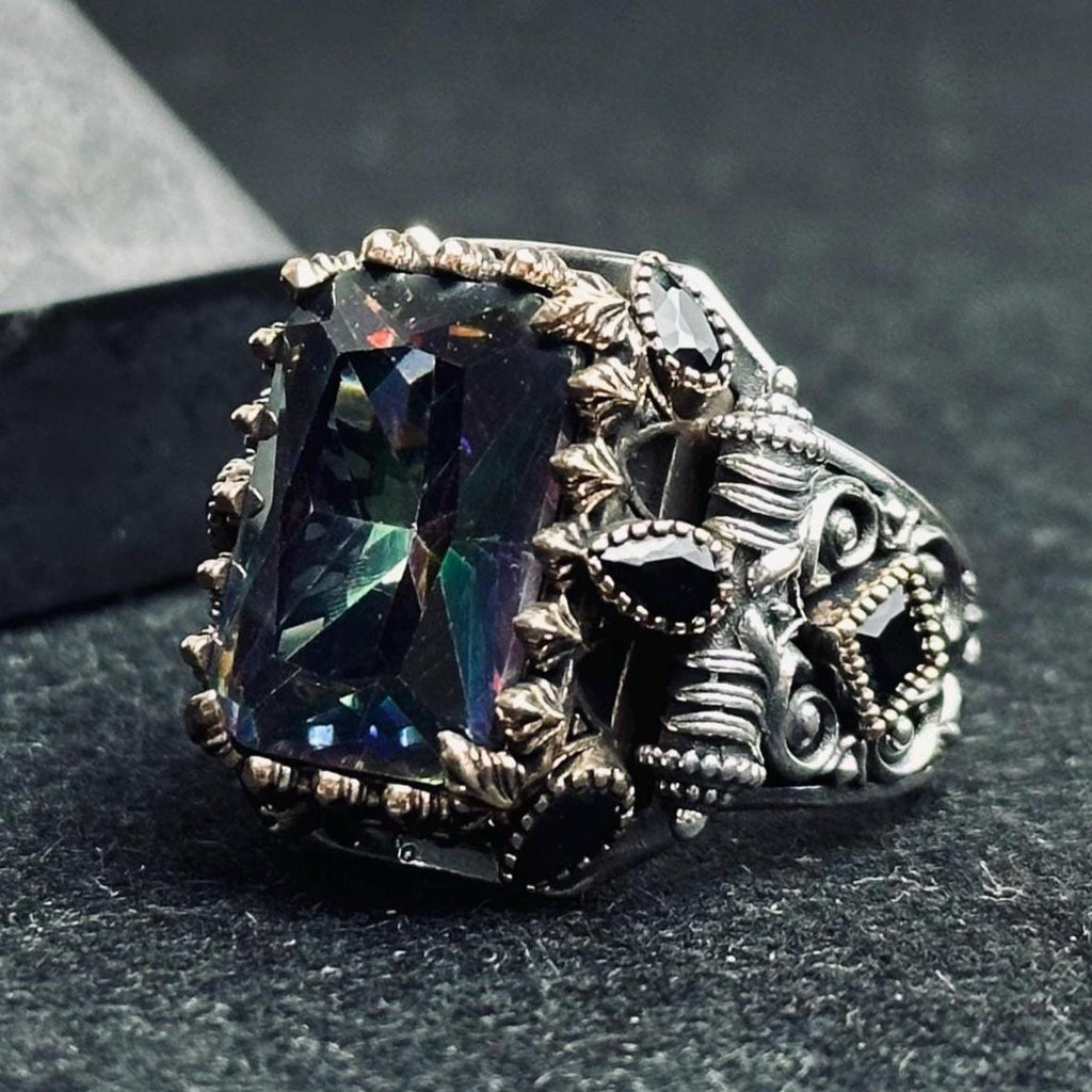 Mystic Topaz Silver Ring, Men's Geometric Statement (925 Sterling)