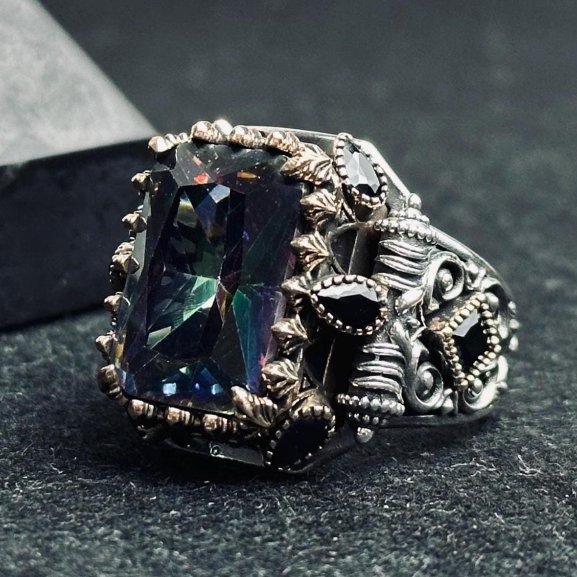 Mystic Topaz Silver Ring, Men's Geometric Statement (925 Sterling)