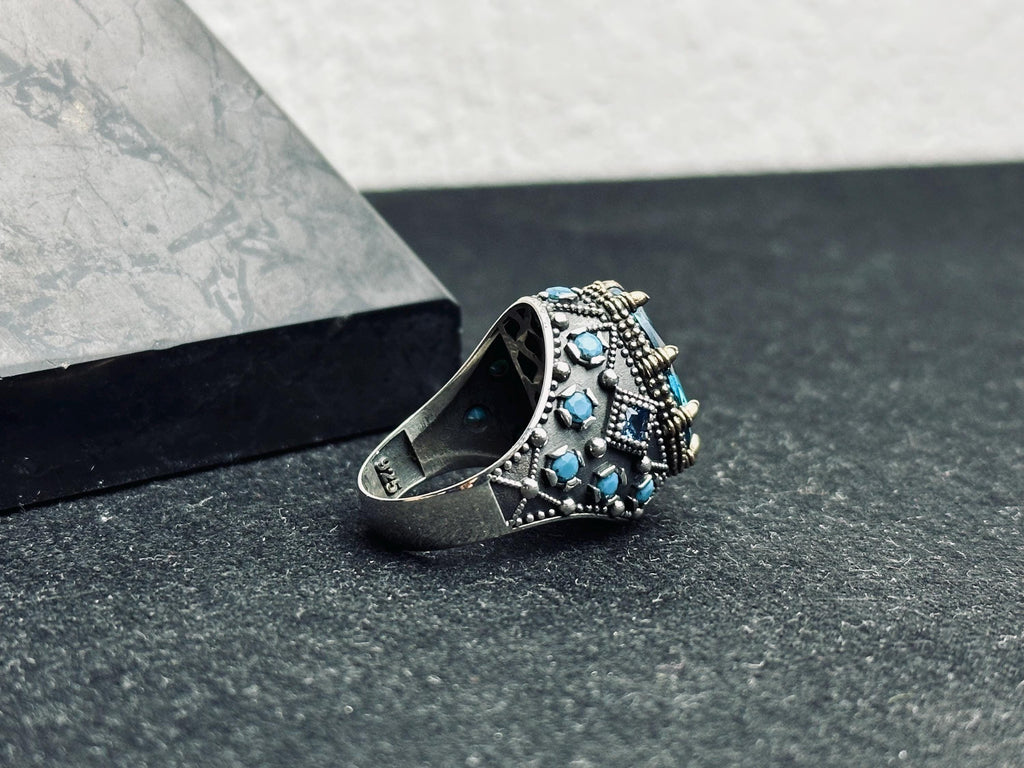 Men's Aquamarine Ring: Handmade Turkish Silver - March Birthstone