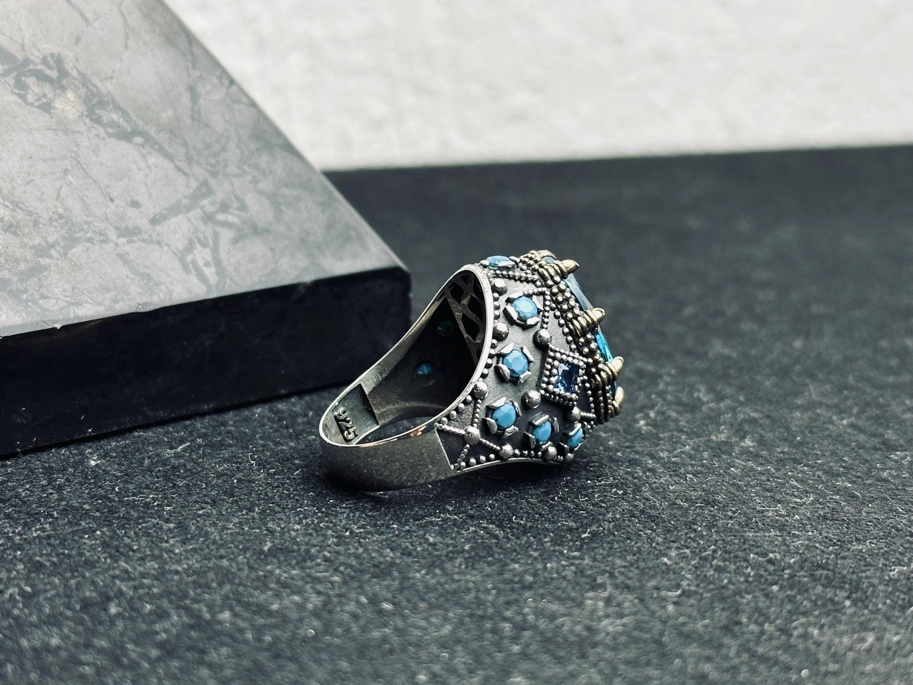 Men's Aquamarine Ring: Handmade Turkish Silver - March Birthstone