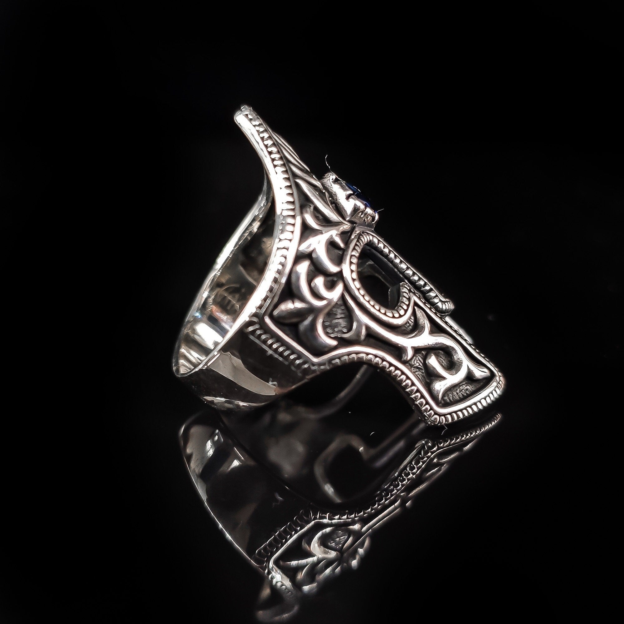 Spartan Helm Ring: Sterling Silver, Emerald Accent - Handmade