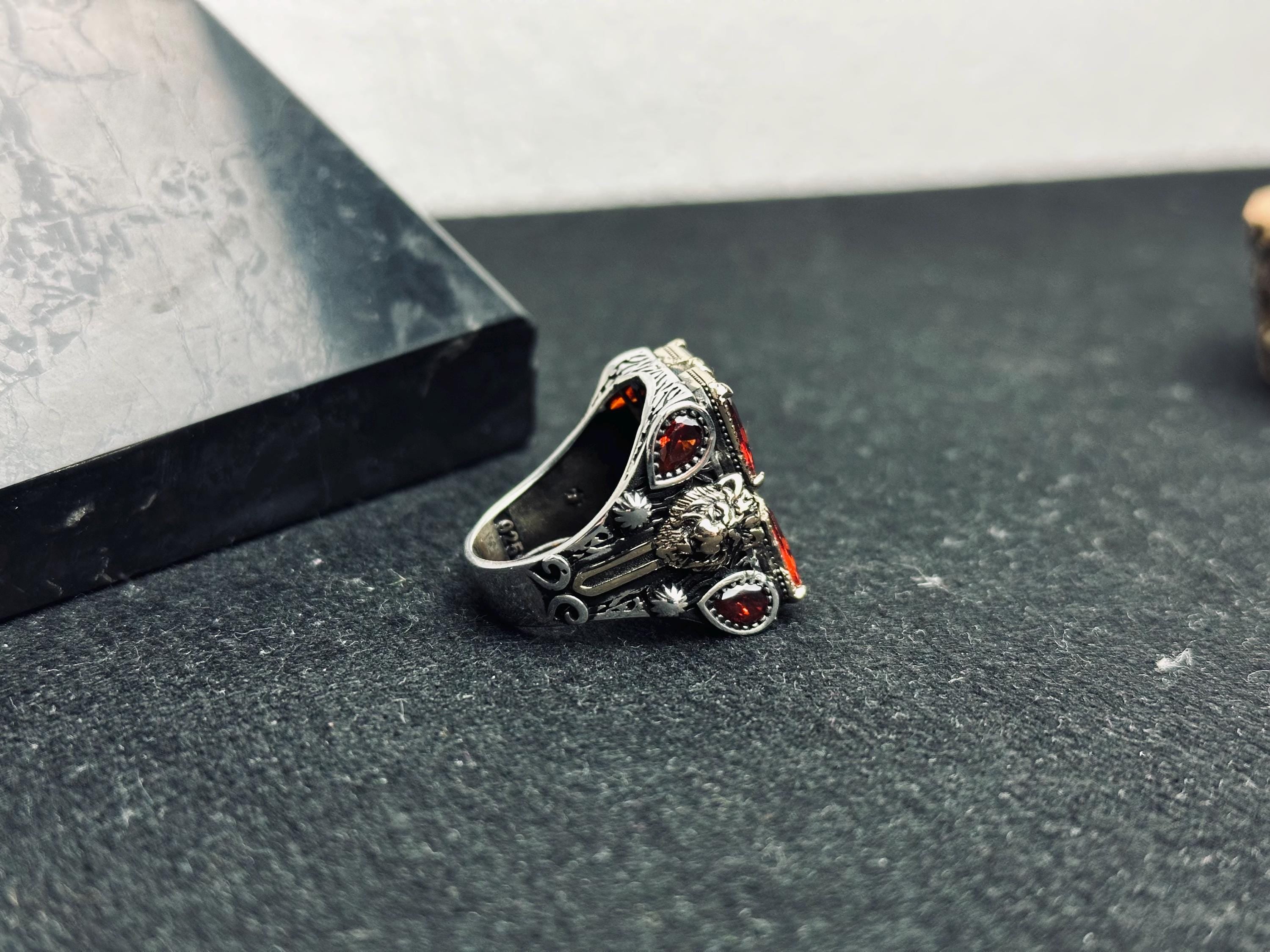 Men’s Ruby Ring, Sterling Silver, Bold Square Red Gemstone (Handmade)