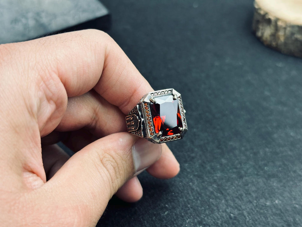 Men's Square Ruby Ring: Ottoman Inspired Design (Sterling Silver)