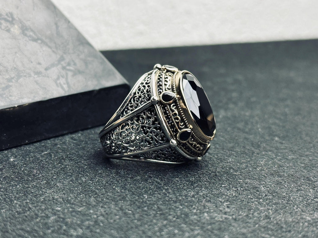 Turkish Sterling Silver Ring, Black CZ Stone, Bold Design (Men’s Size)