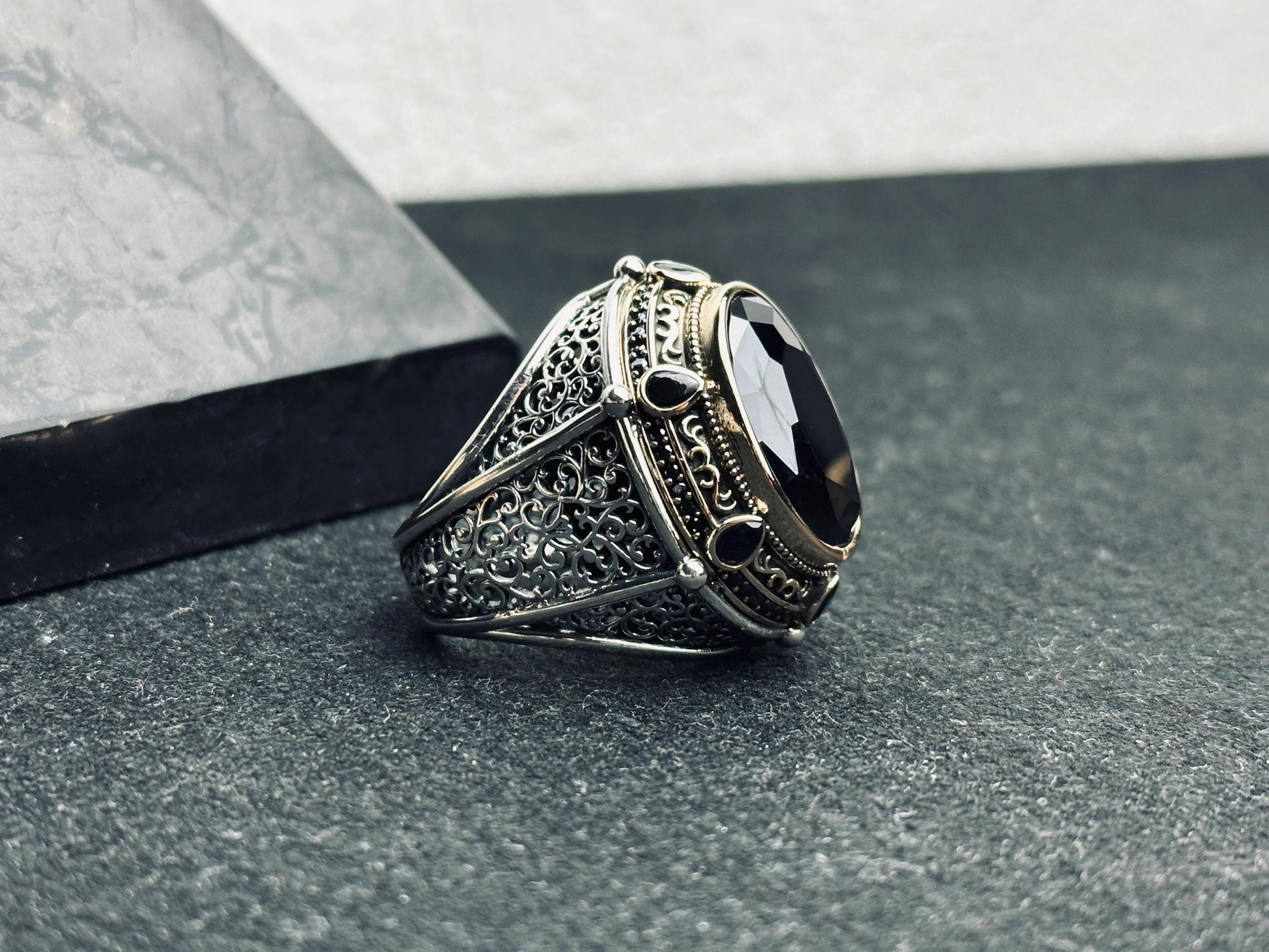 Turkish Sterling Silver Ring, Black CZ Stone, Bold Design (Men’s Size)