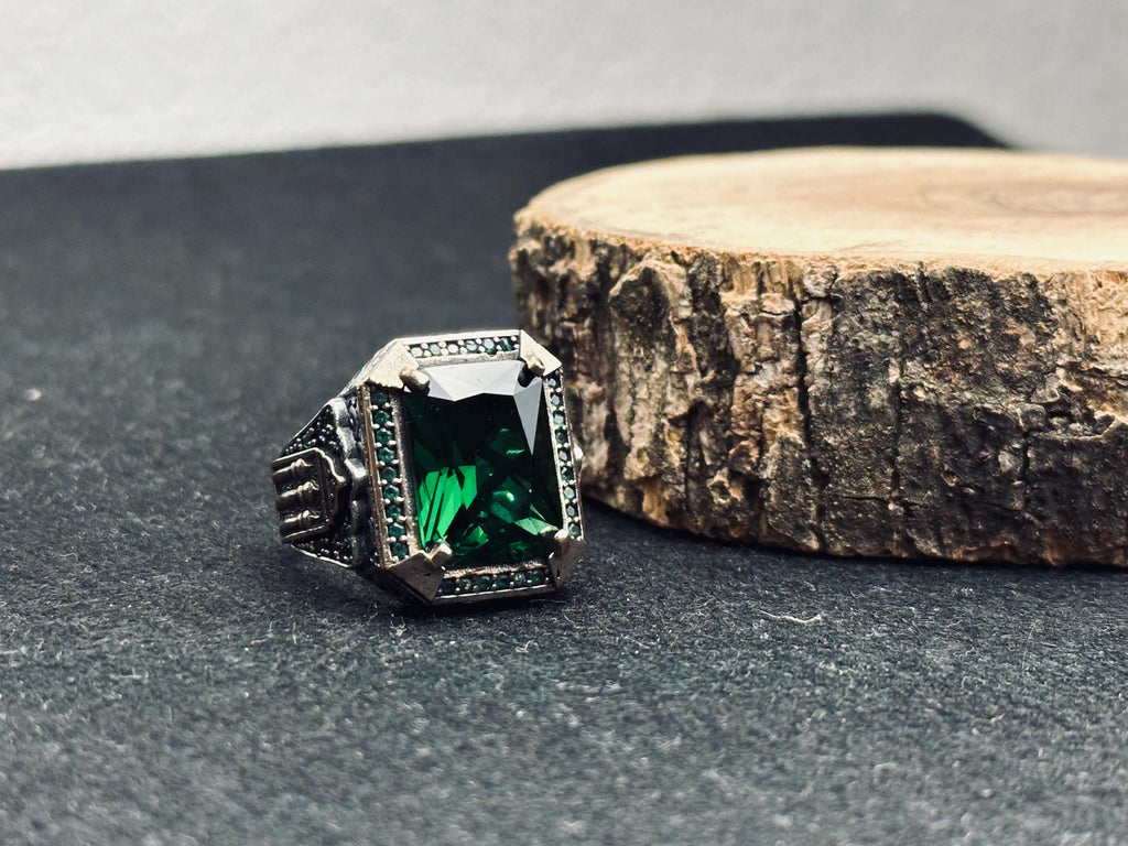 Turkish Sterling Silver Ring, Square Emerald Zircon (Men’s Statement)