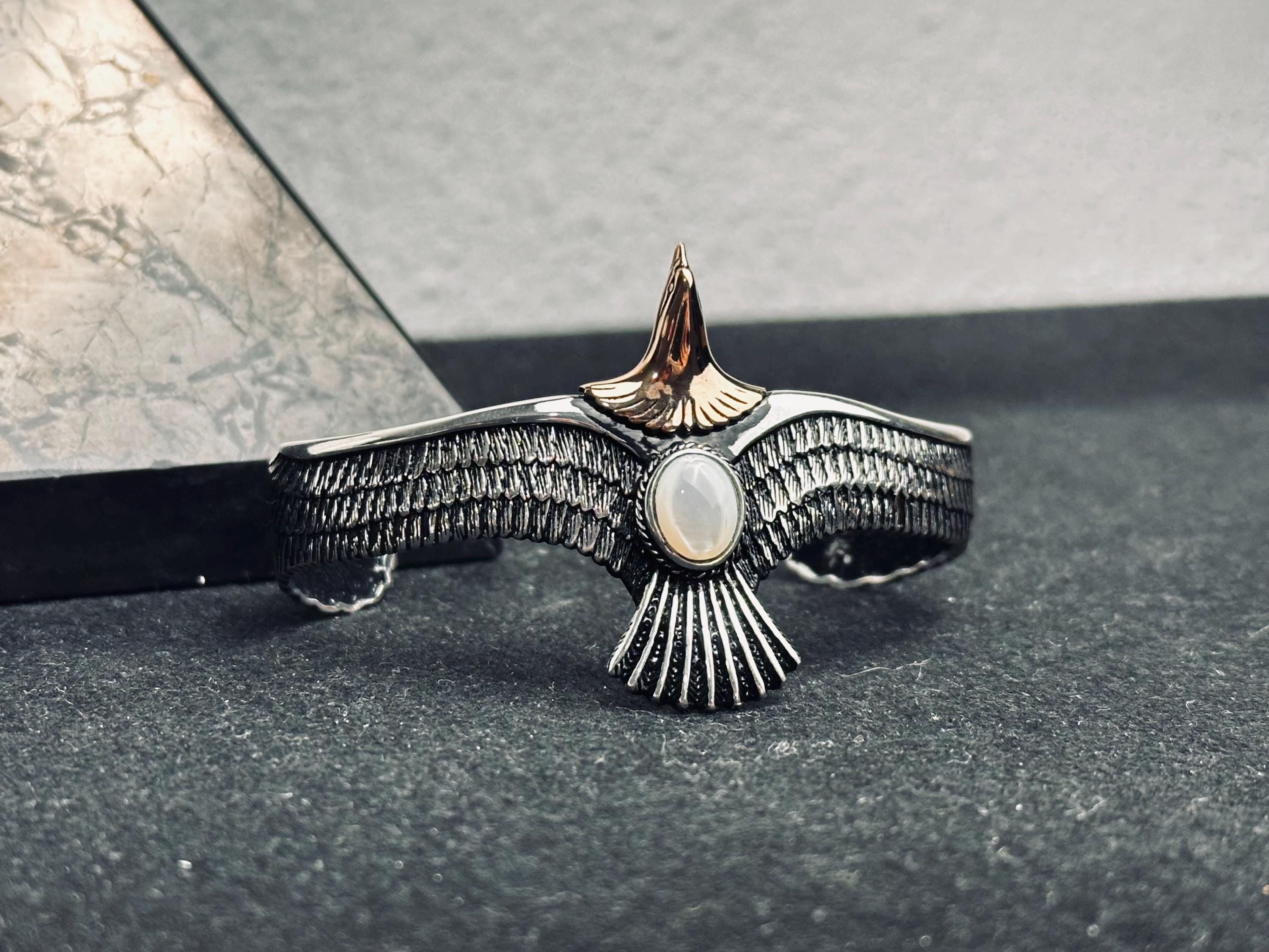 Sterling Silver Eagle Bracelet: Mother of Pearl Stone Detail