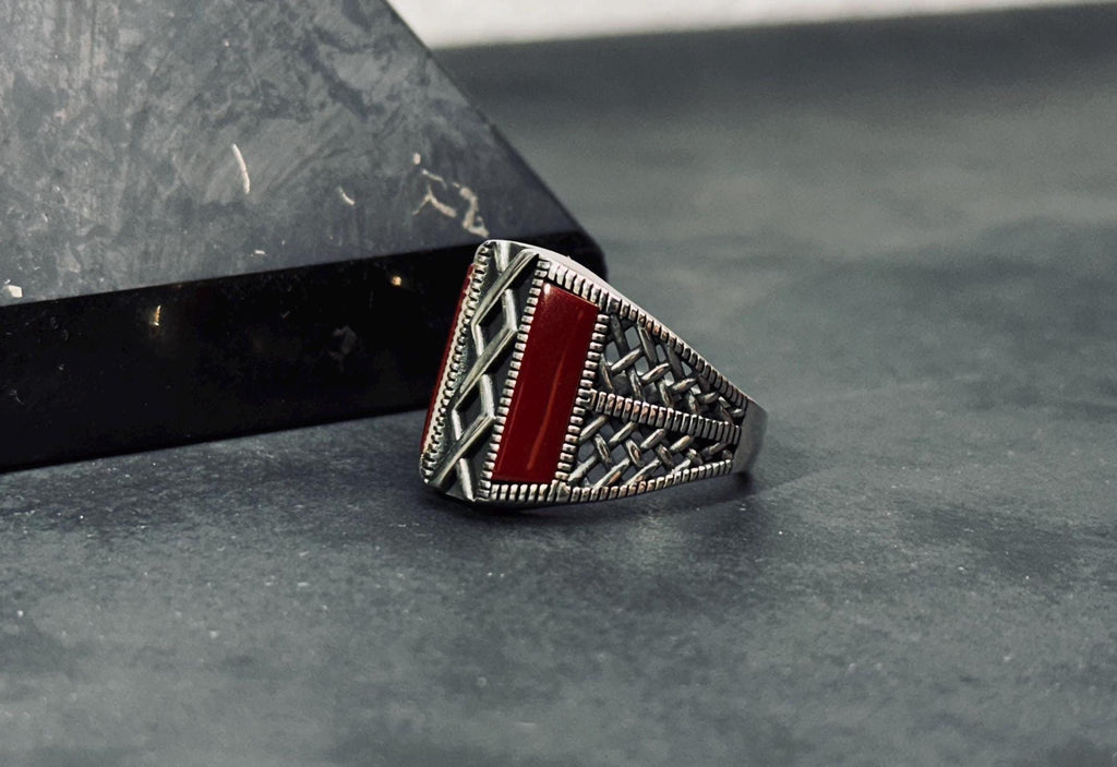 Red Aqeeq Agate Ring - Handmade Sterling Silver for Men