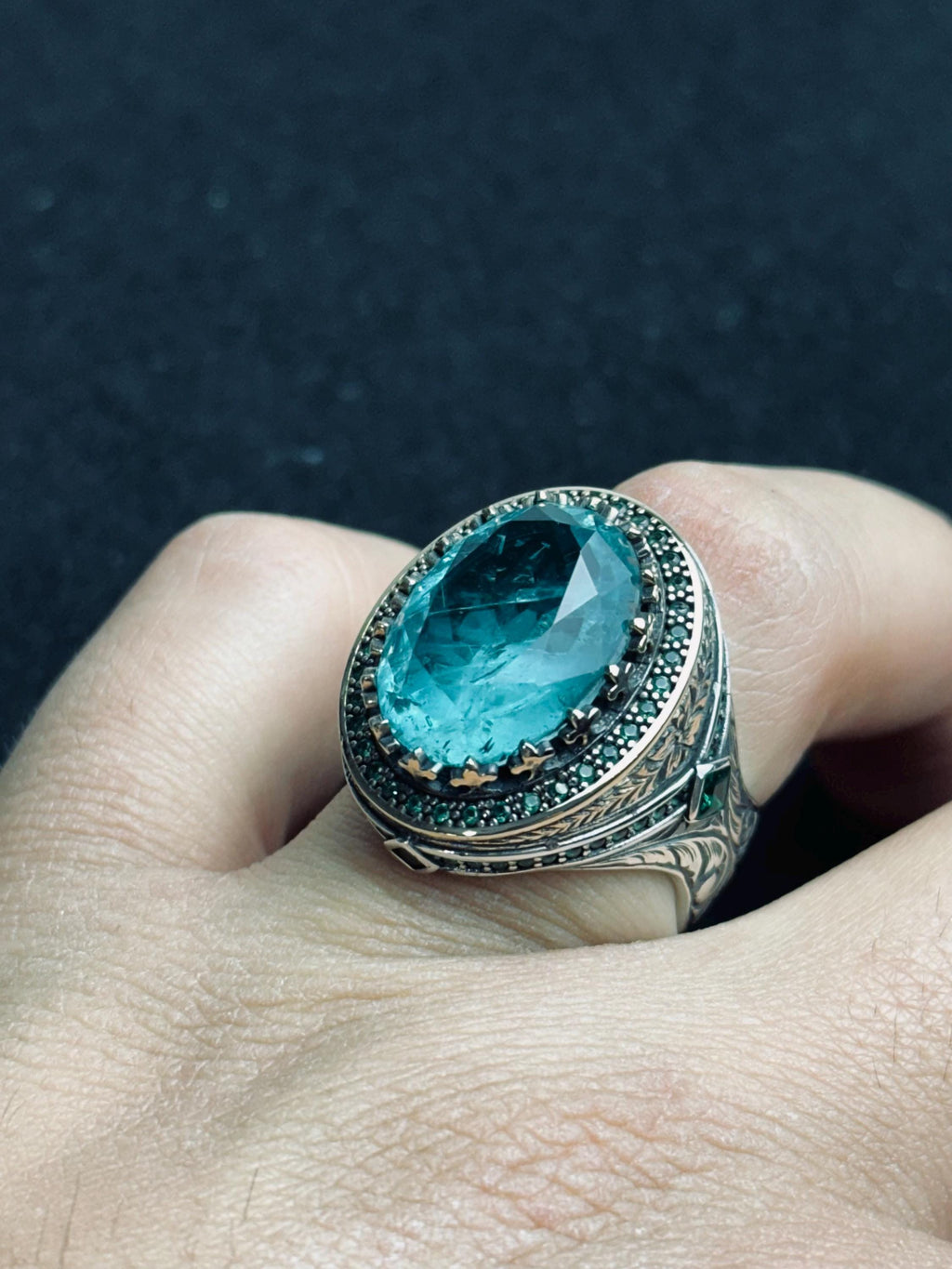 Oval Aquamarine Ring for Men - Sterling Silver Lion Head Signet