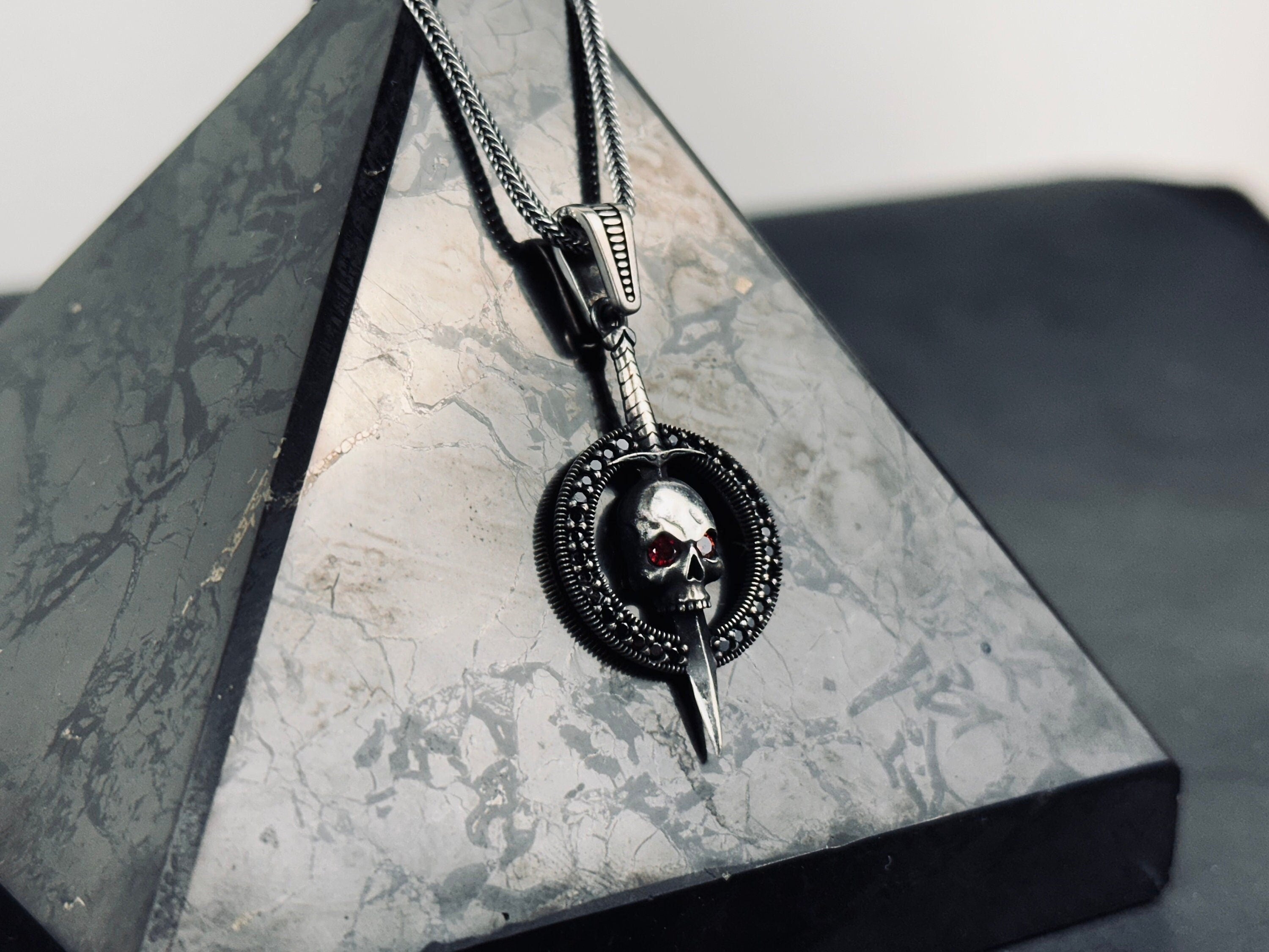 Goth Sterling Silver Skull Necklace, Chunky Chain (Layered Look)